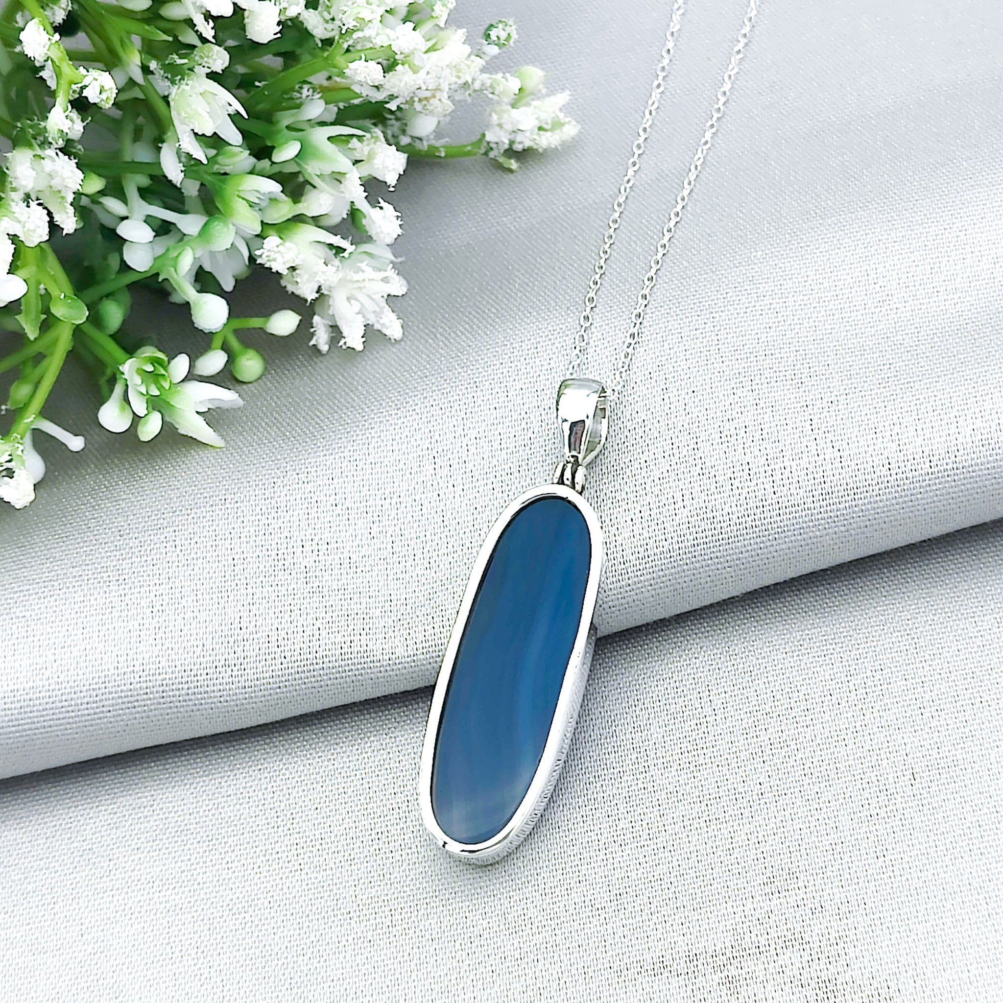 Hepburn and Hughes Blue Agate Pendant | Slim Oval Gemstone Necklace | Gemini Gift | Sterling Silver