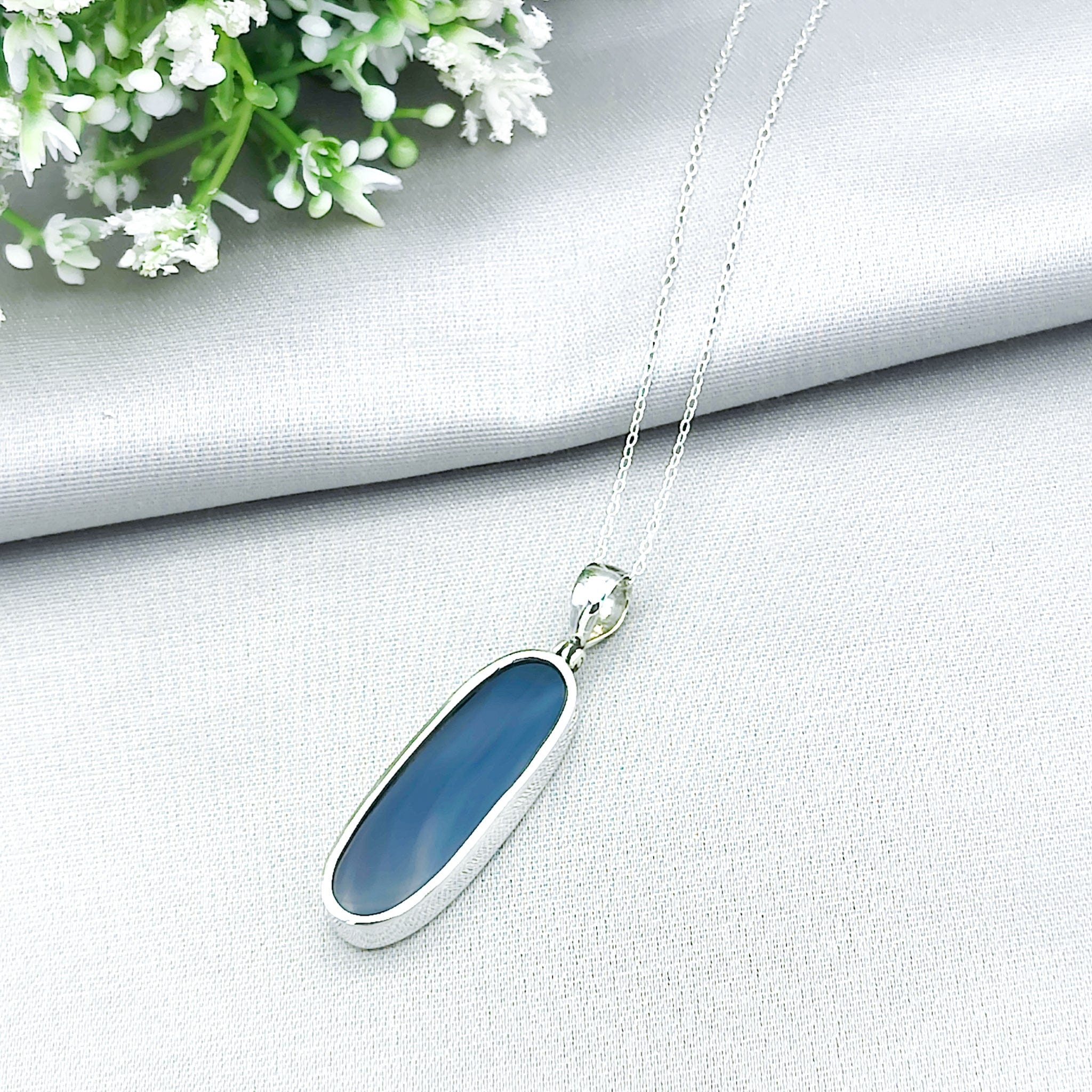 Hepburn and Hughes Blue Agate Pendant | Slim Oval Gemstone Necklace | Gemini Gift | Sterling Silver