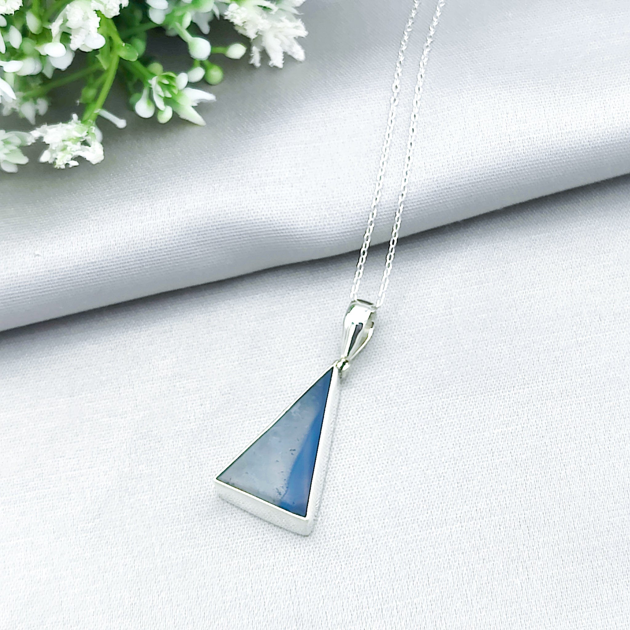 Hepburn and Hughes Blue Agate Pendant | Triangle Gemstone Necklace | Gemini Gift | Sterling Silver