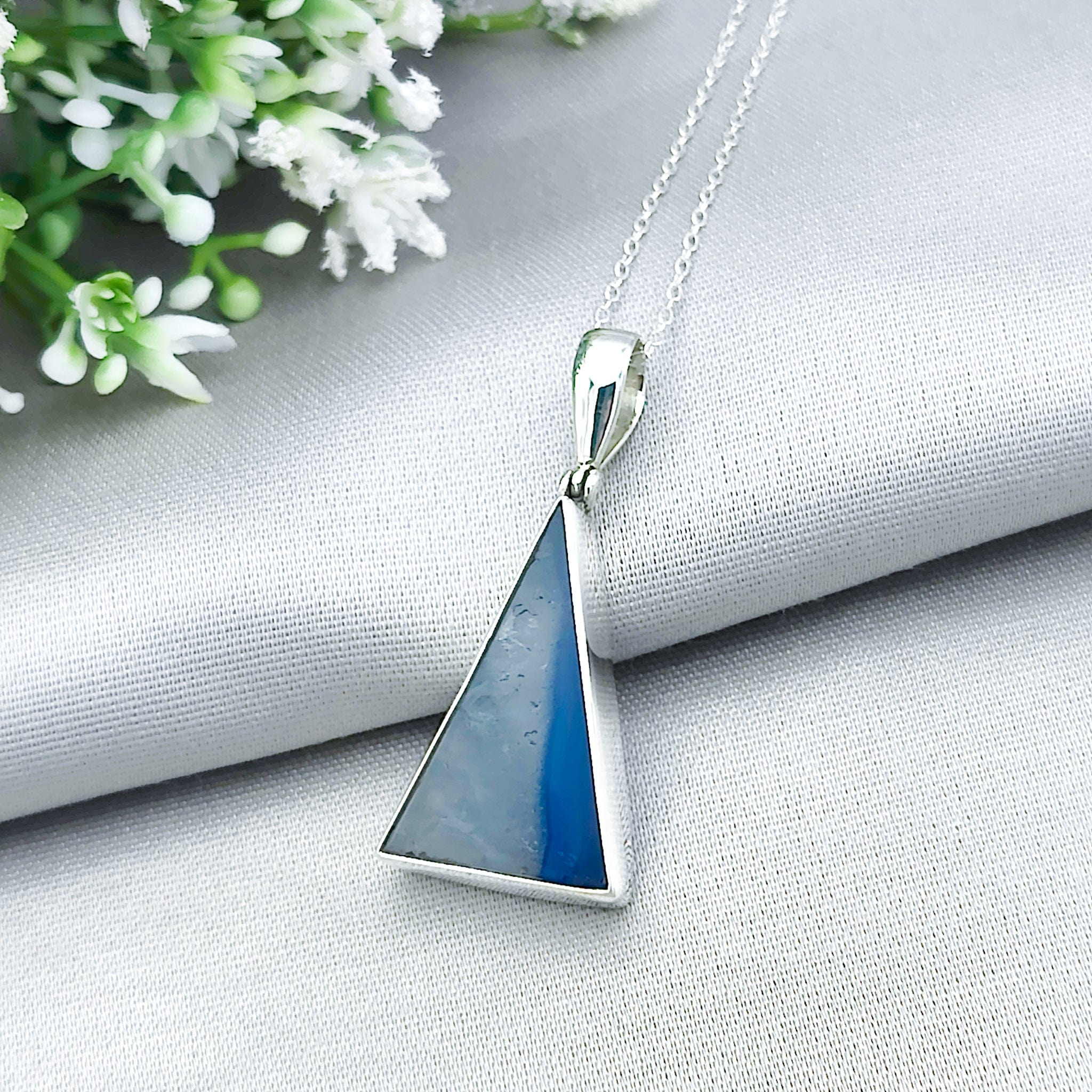 Hepburn and Hughes Blue Agate Pendant | Triangle Gemstone Necklace | Gemini Gift | Sterling Silver