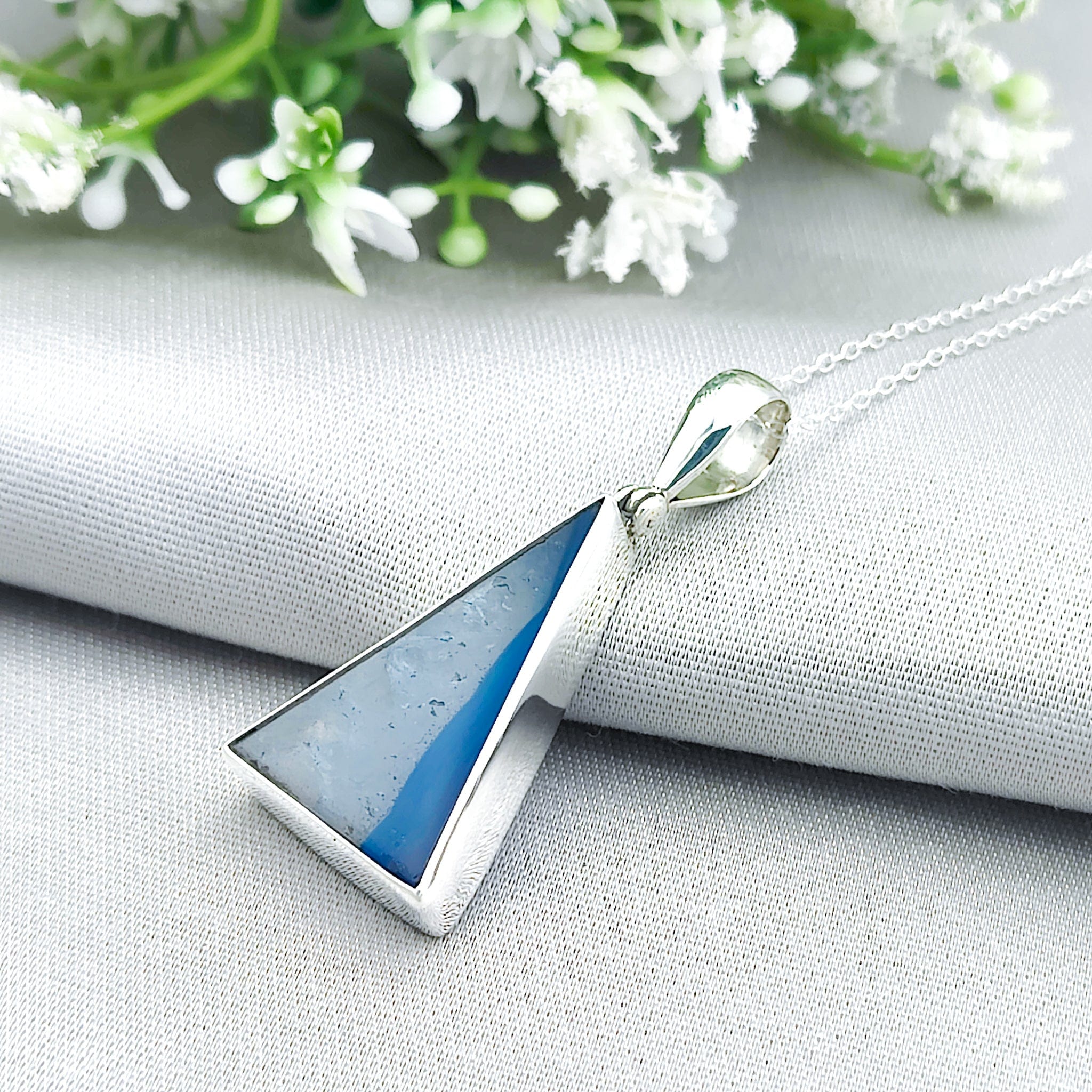 Hepburn and Hughes Blue Agate Pendant | Triangle Gemstone Necklace | Gemini Gift | Sterling Silver