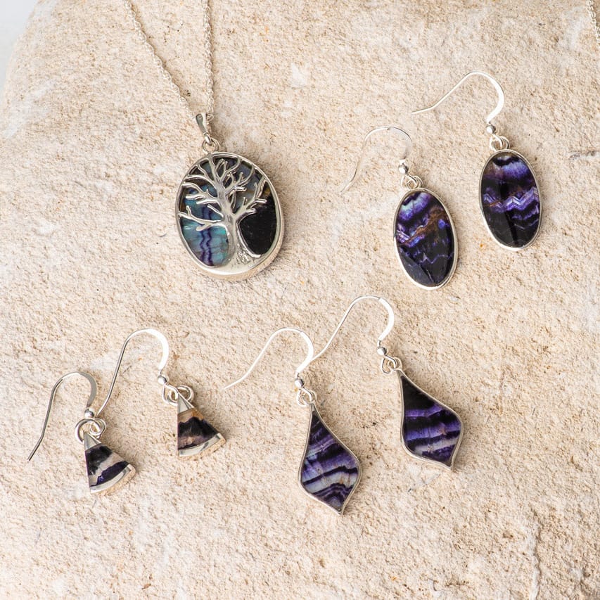 Hepburn and Hughes Blue John Sterling Silver Drop Earrings | Rare British Gemstone Earrings