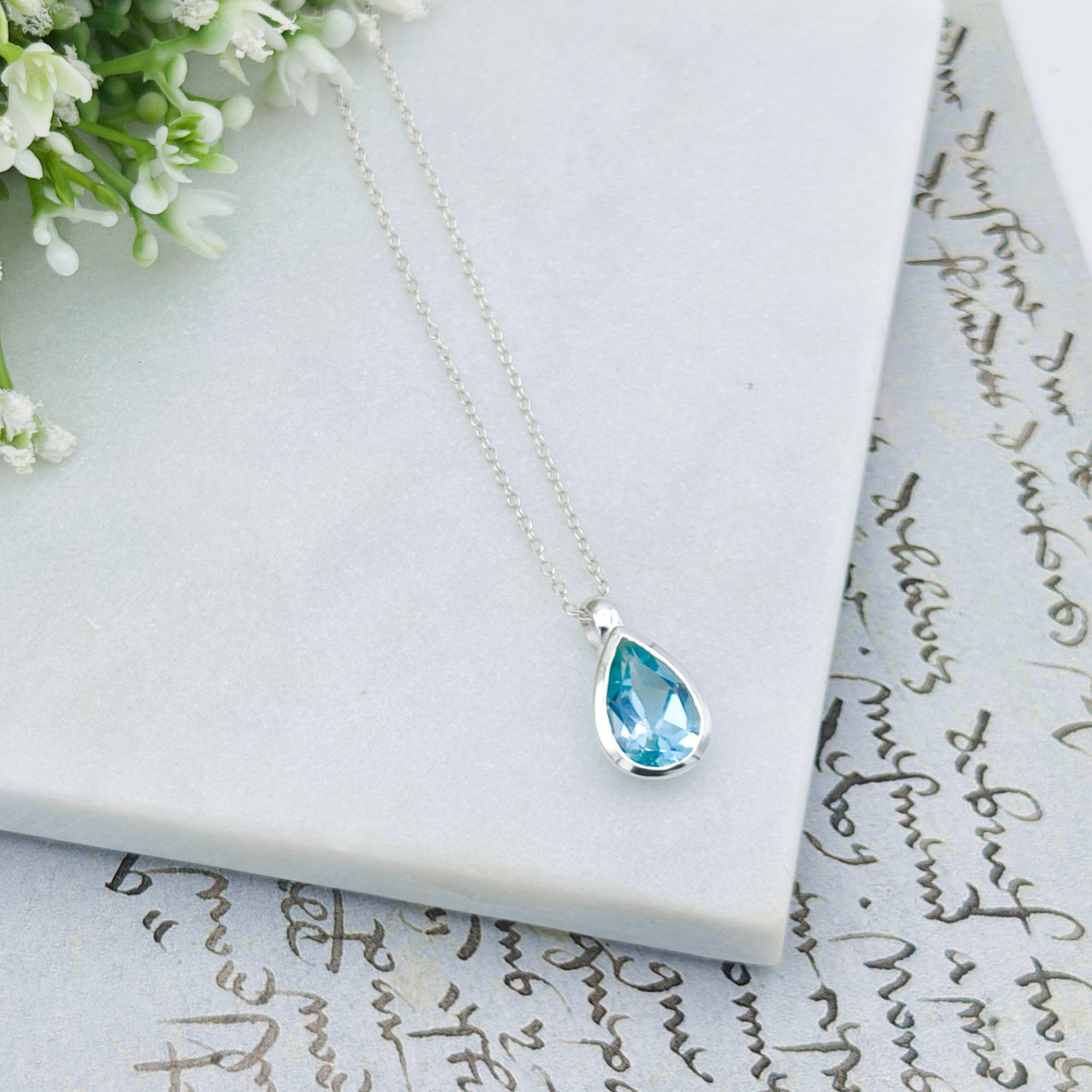 Hepburn and Hughes Blue Topaz Pendant | 15mm Teardrop | November Birthstone  | Sterling Silver