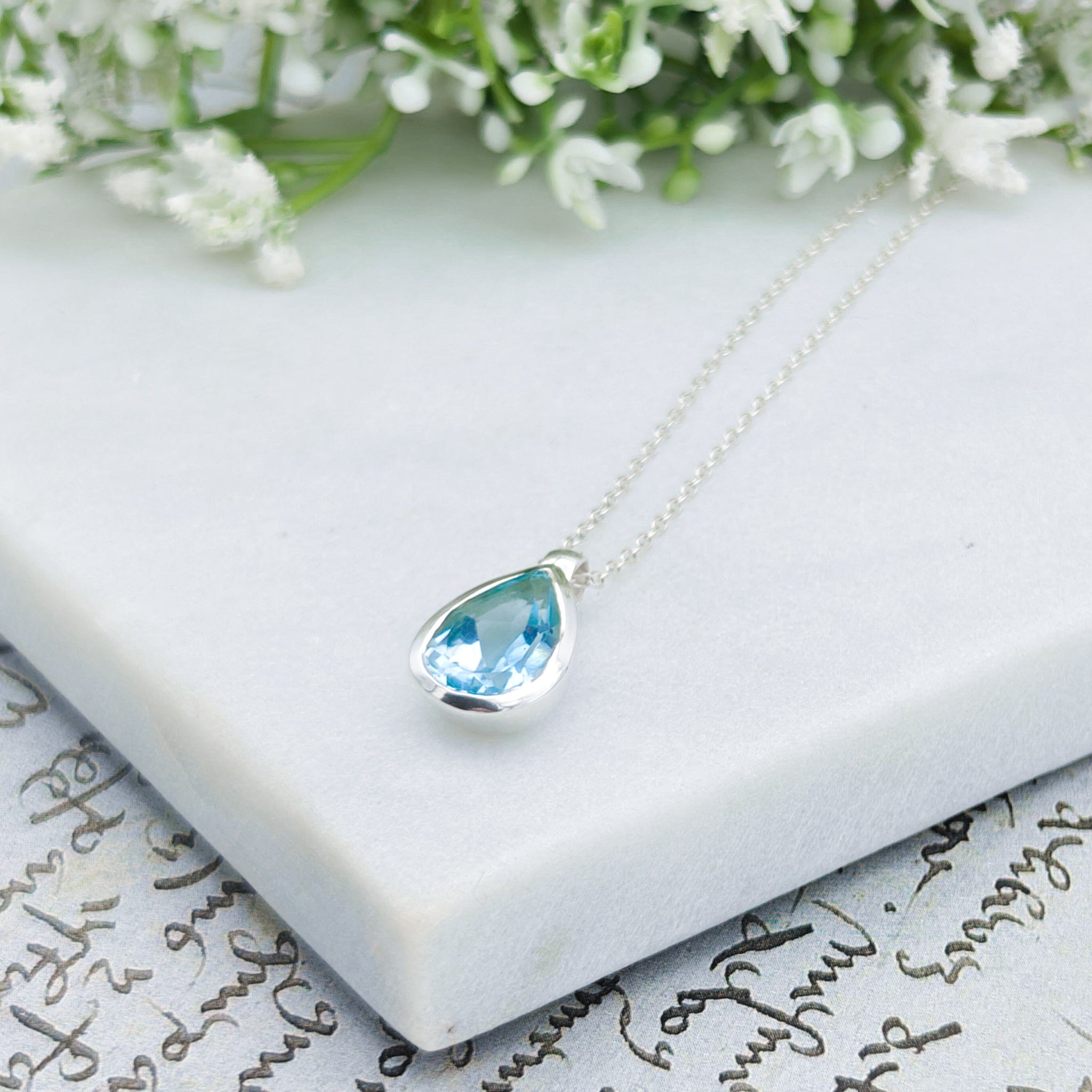 Hepburn and Hughes Blue Topaz Pendant | 15mm Teardrop | November Birthstone  | Sterling Silver