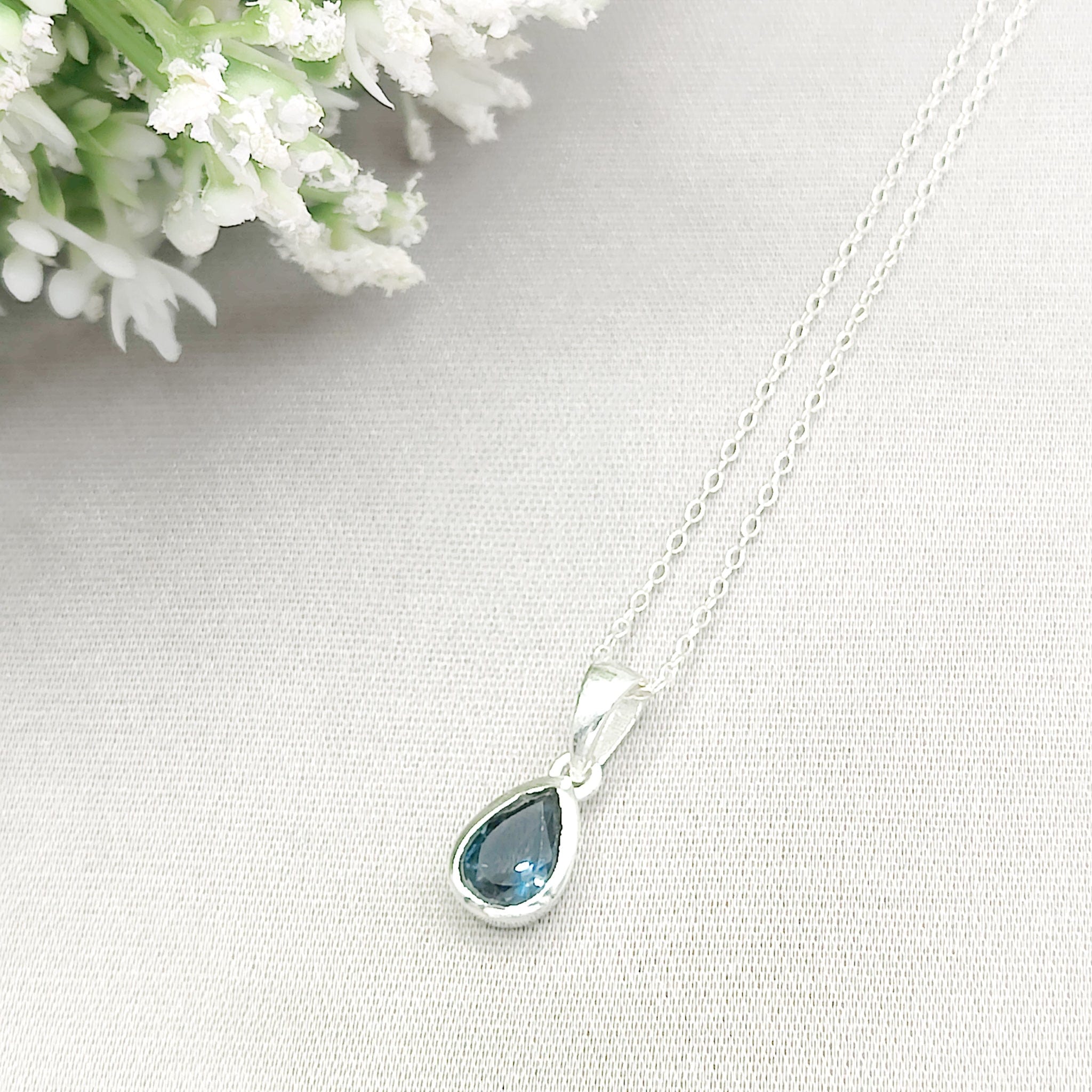 Hepburn and Hughes Blue Topaz Pendant | Faceted Teardrop Stone | November Birthstone  | Sterling Silver