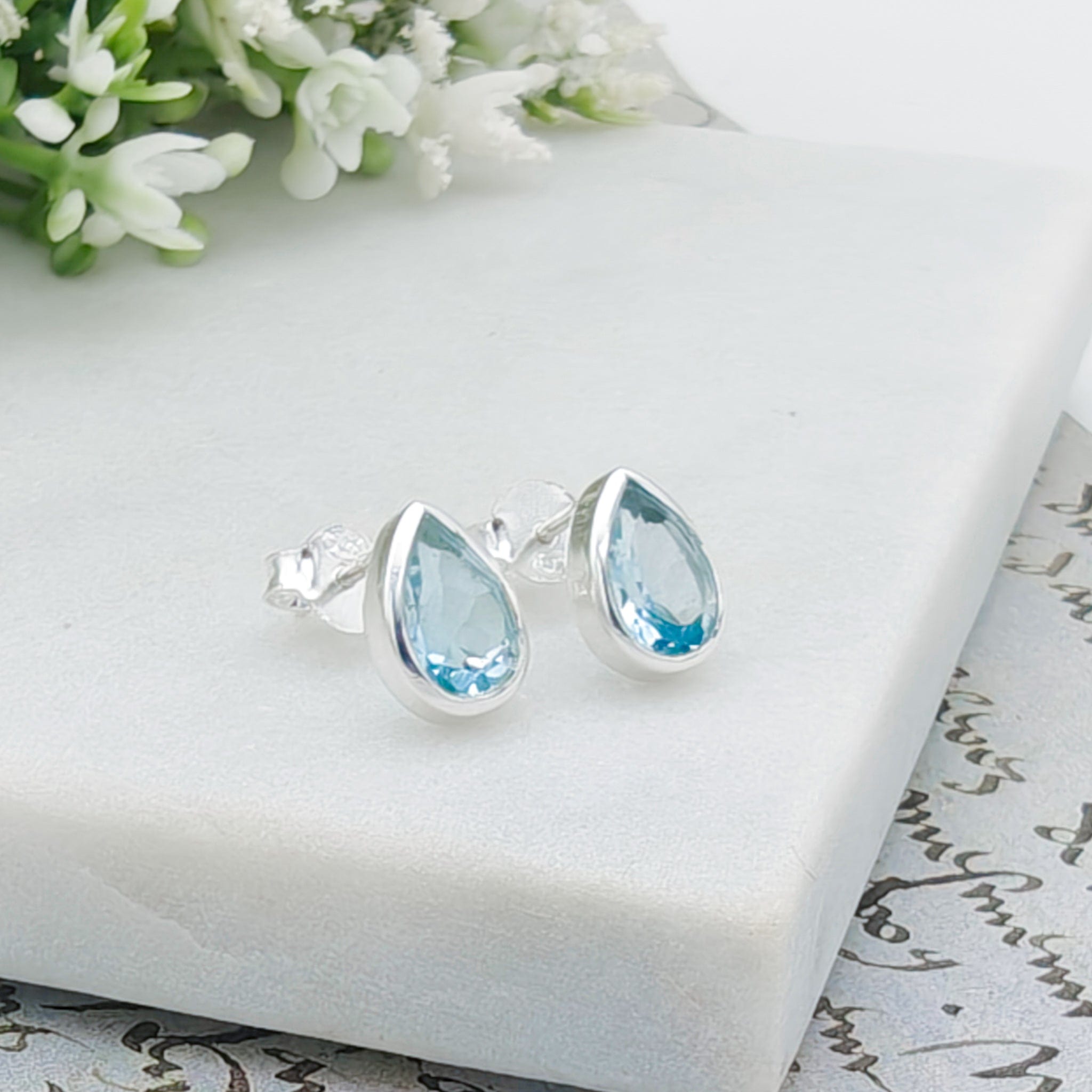 Hepburn and Hughes Blue Topaz Stud Earrings | 10mm Teardrop | November Birthstone  | Sterling Silver