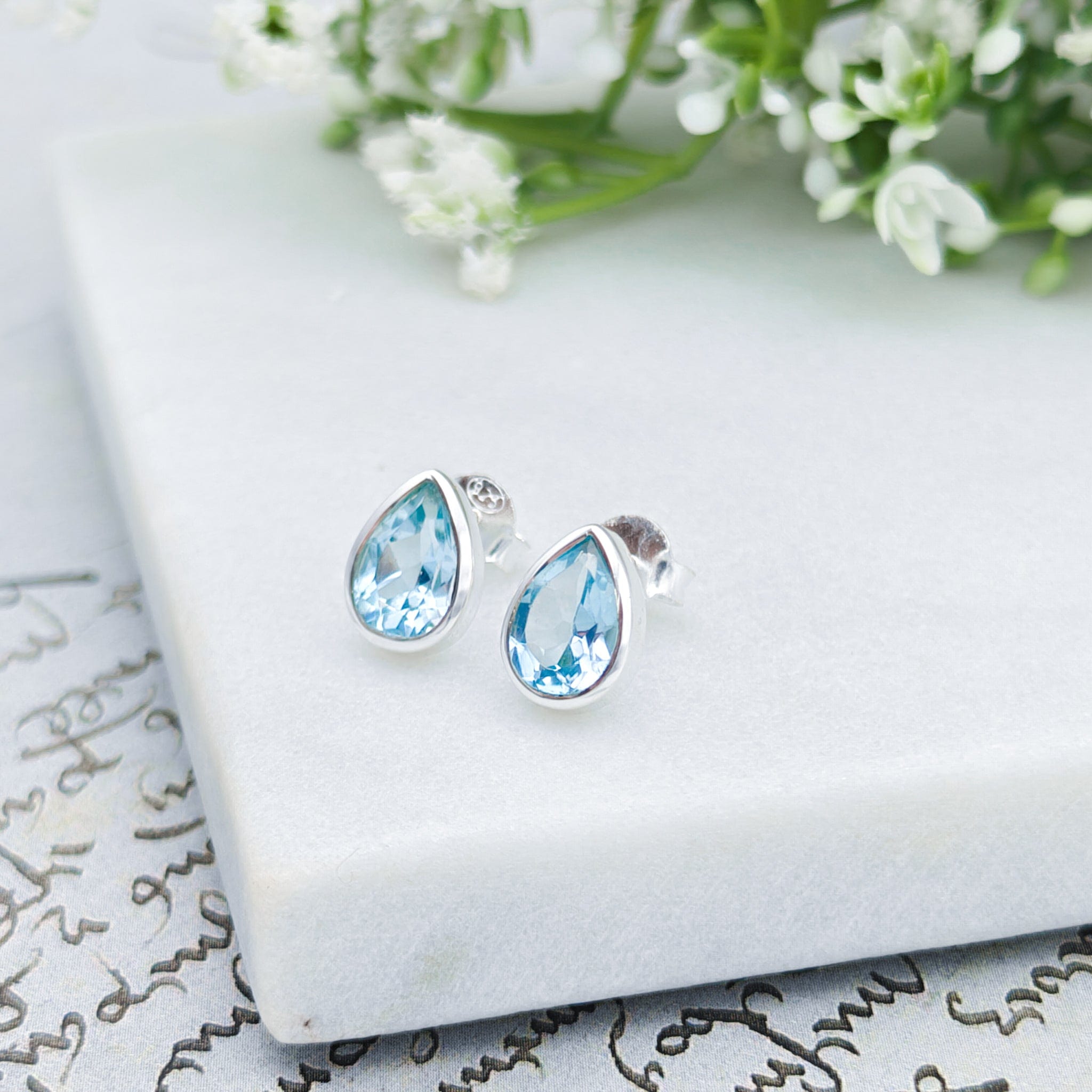 Hepburn and Hughes Blue Topaz Stud Earrings | 10mm Teardrop | November Birthstone  | Sterling Silver