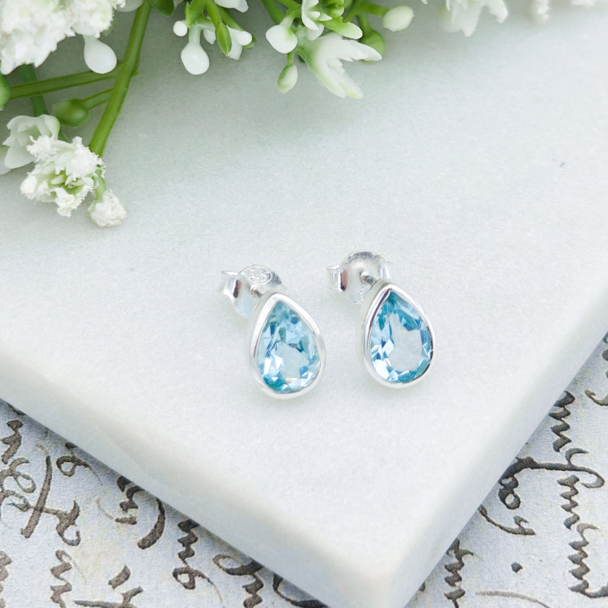 Hepburn and Hughes Blue Topaz Stud Earrings | 10mm Teardrop | November Birthstone  | Sterling Silver
