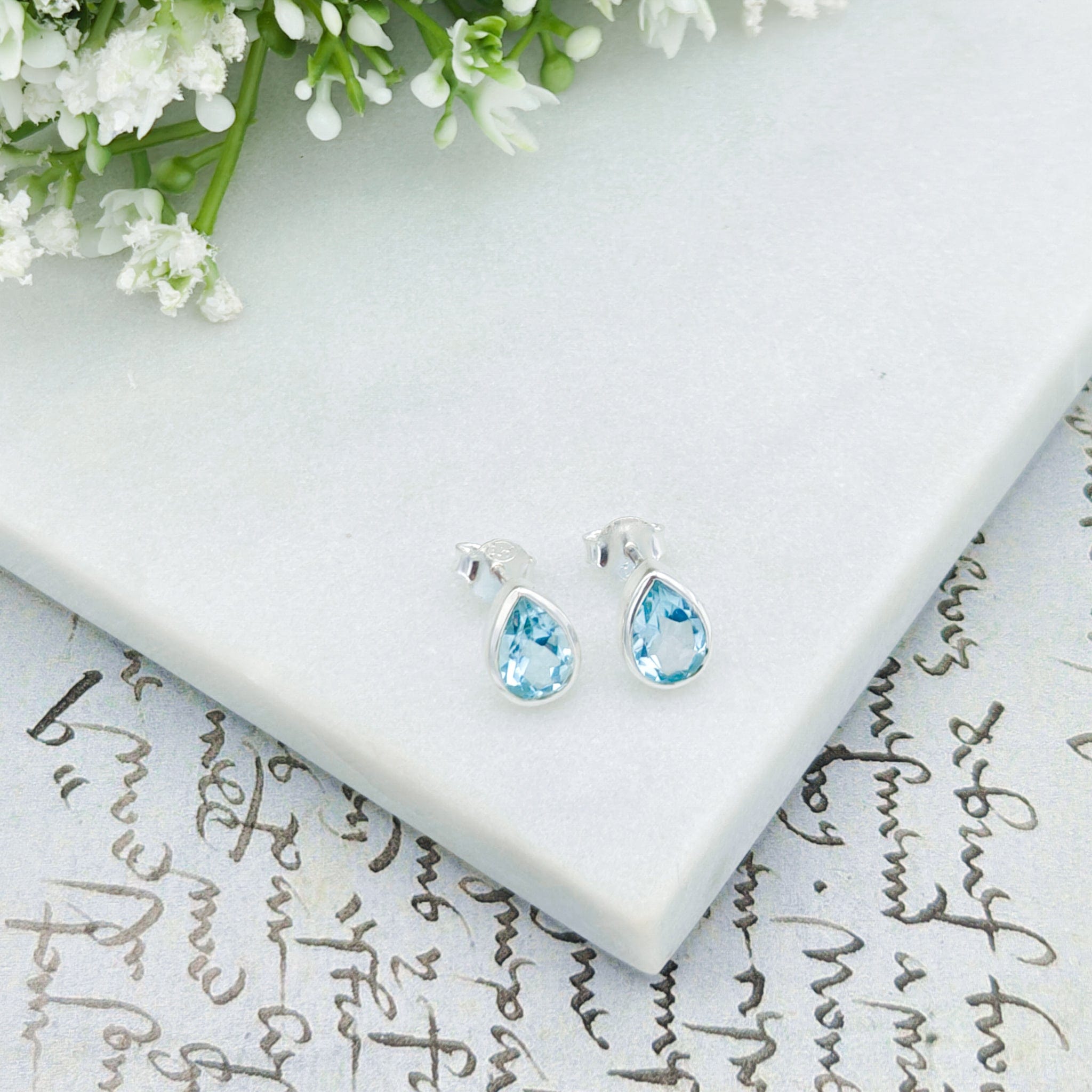 Hepburn and Hughes Blue Topaz Stud Earrings | 10mm Teardrop | November Birthstone  | Sterling Silver