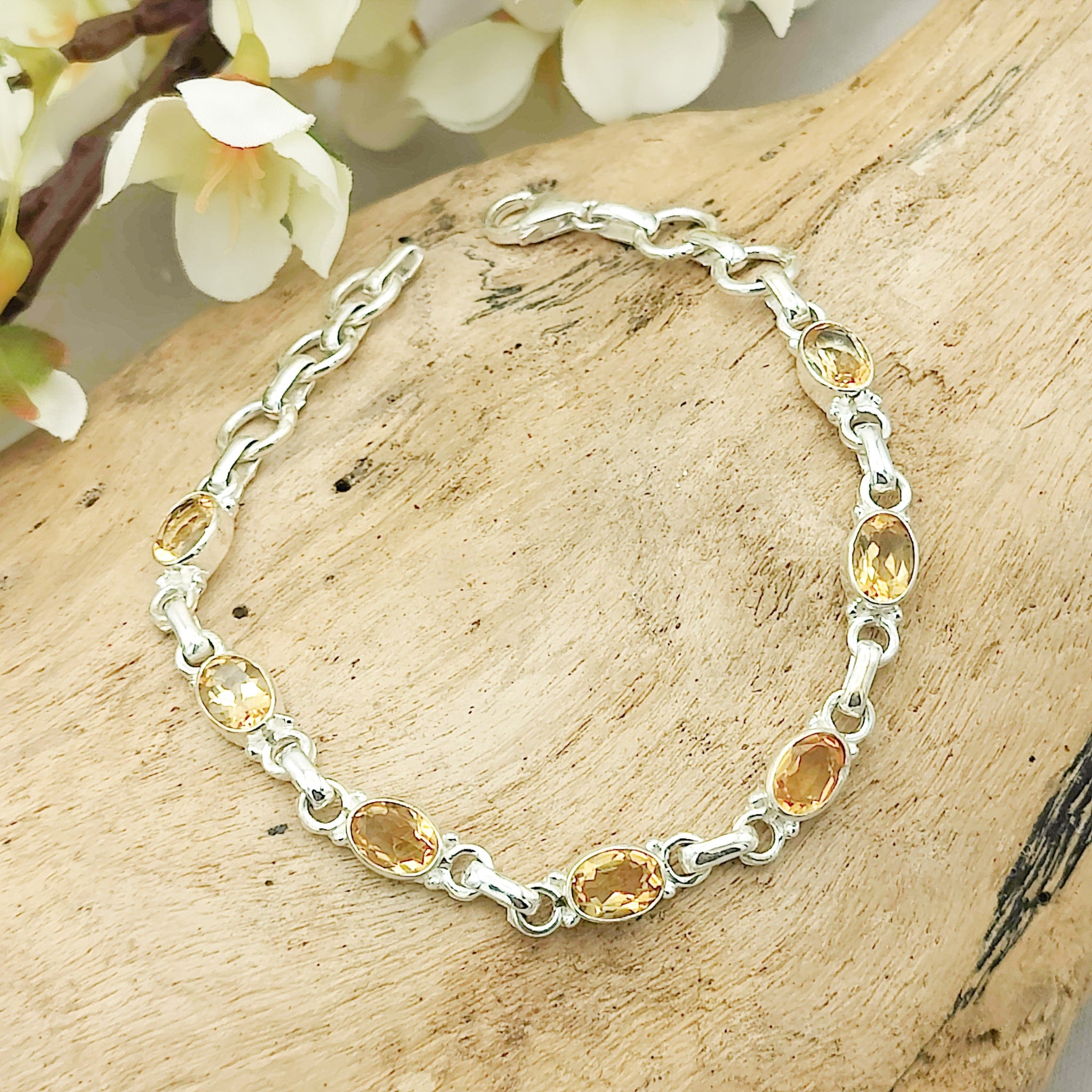 Hepburn and Hughes Citrine Bracelet | 7 Ovals | November Birthstone | Sterling Silver