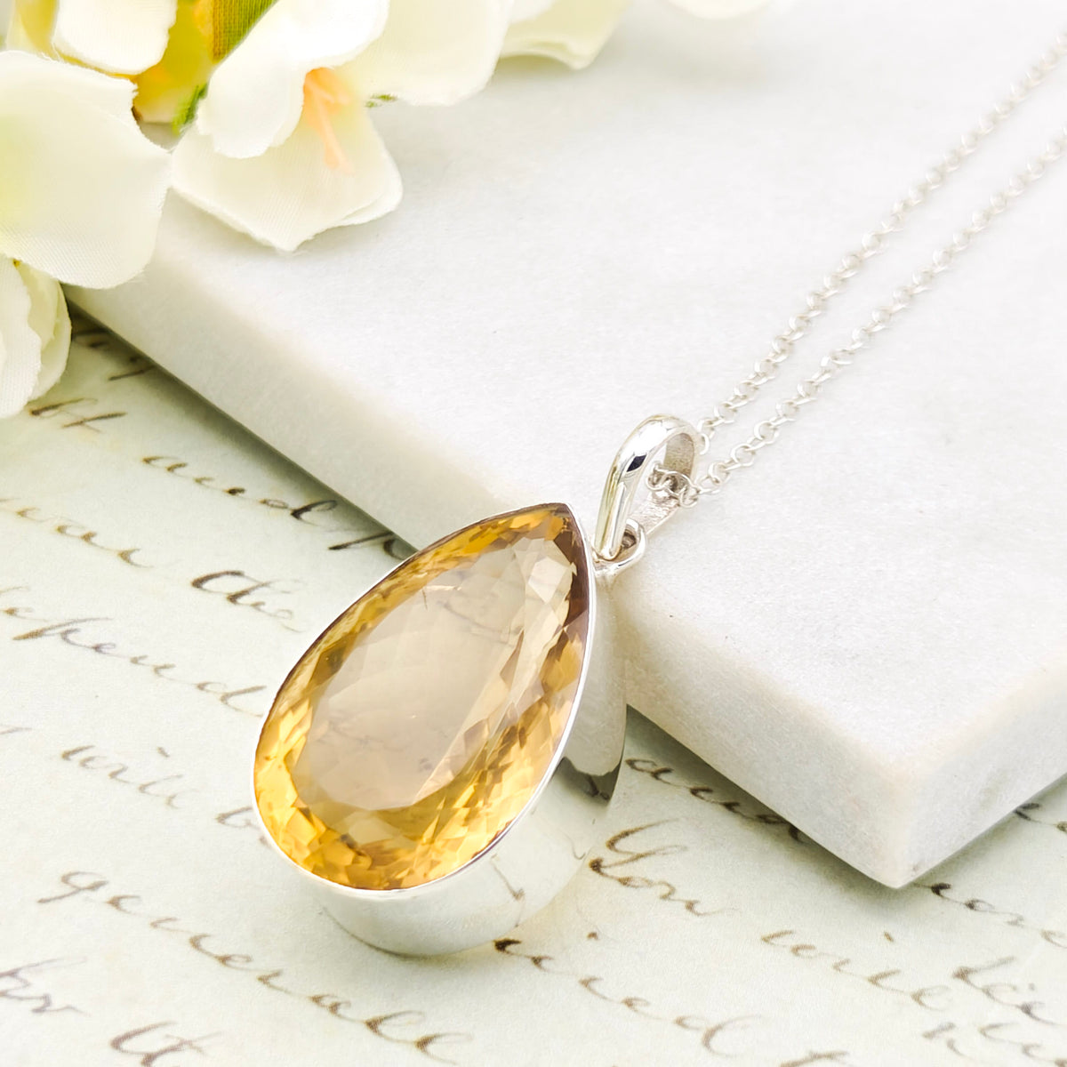 Hepburn and Hughes Citrine Pendant | 30mm Teardrop | November Birthstone | Sterling Silver
