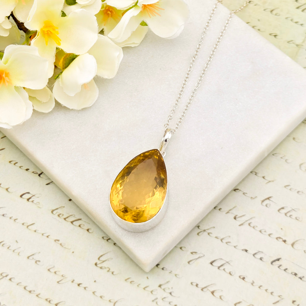 Hepburn and Hughes Citrine Pendant | 30mm Teardrop | November Birthstone | Sterling Silver