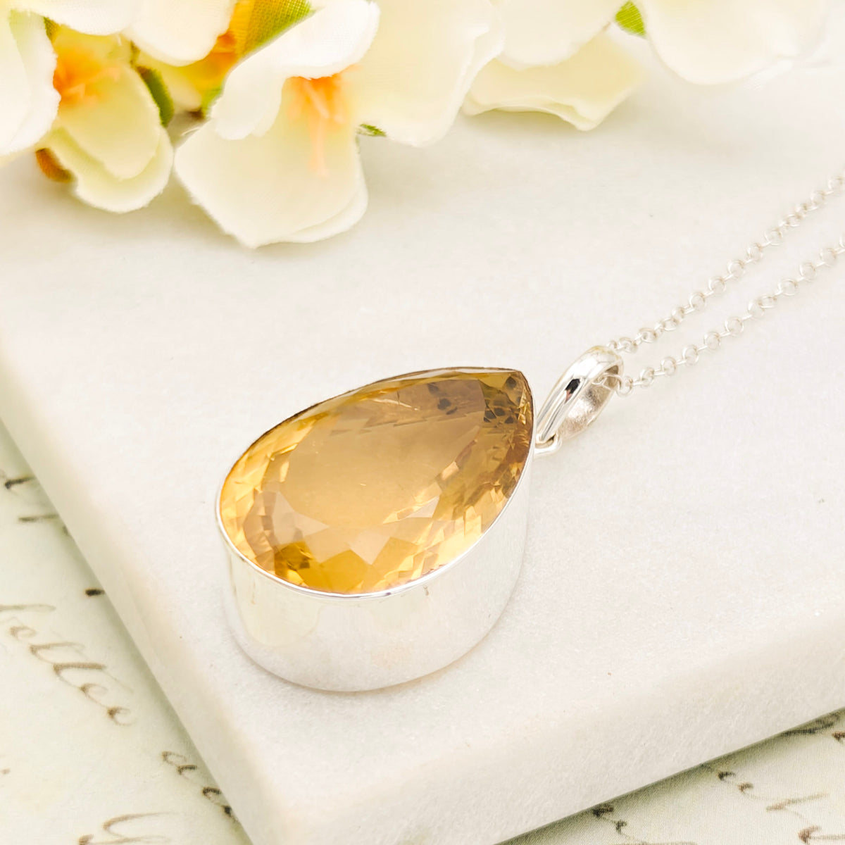 Hepburn and Hughes Citrine Pendant | 30mm Teardrop | November Birthstone | Sterling Silver