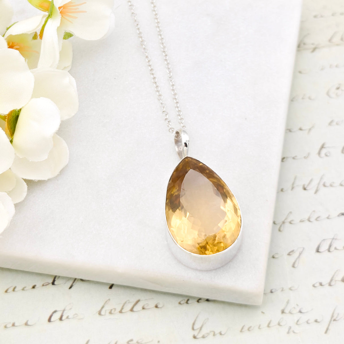 Hepburn and Hughes Citrine Pendant | 30mm Teardrop | November Birthstone | Sterling Silver
