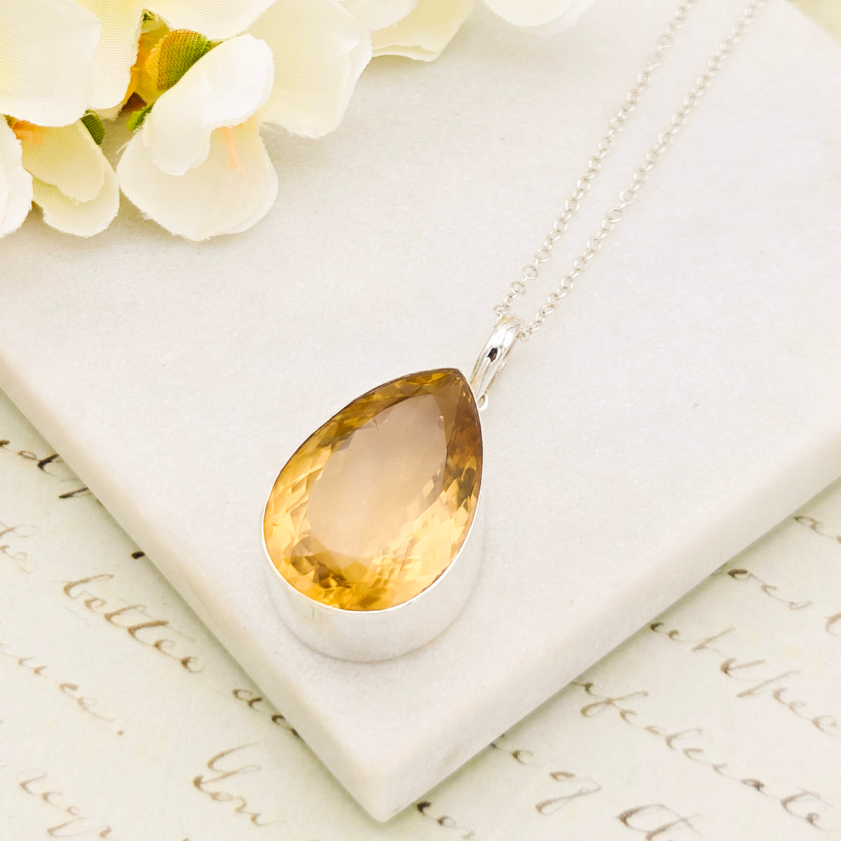 Hepburn and Hughes Citrine Pendant | 30mm Teardrop | November Birthstone | Sterling Silver