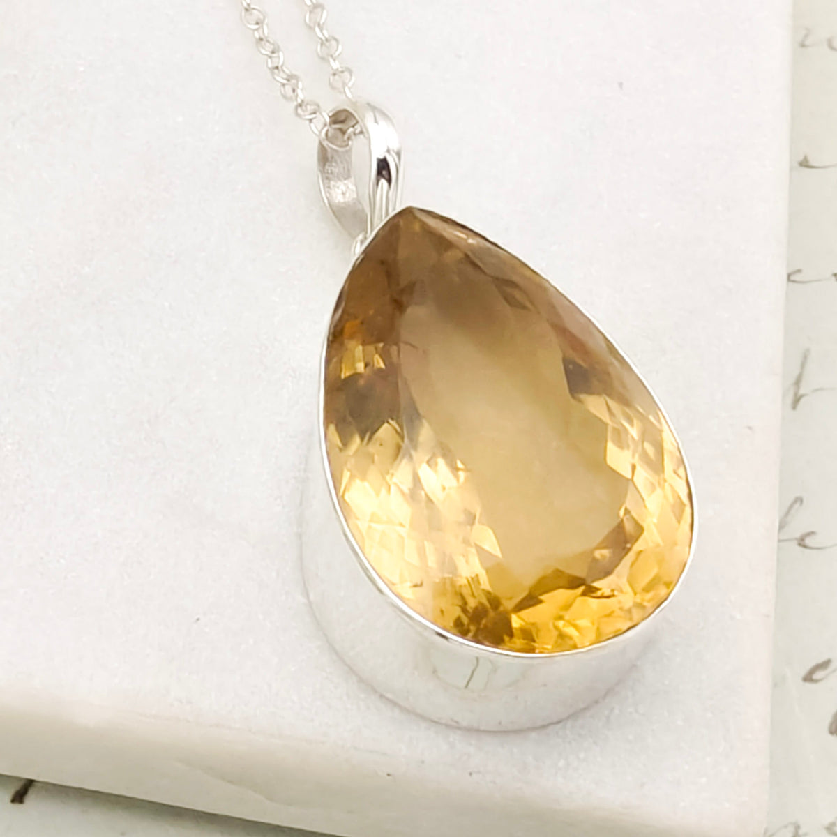 Hepburn and Hughes Citrine Pendant | 30mm Teardrop | November Birthstone | Sterling Silver