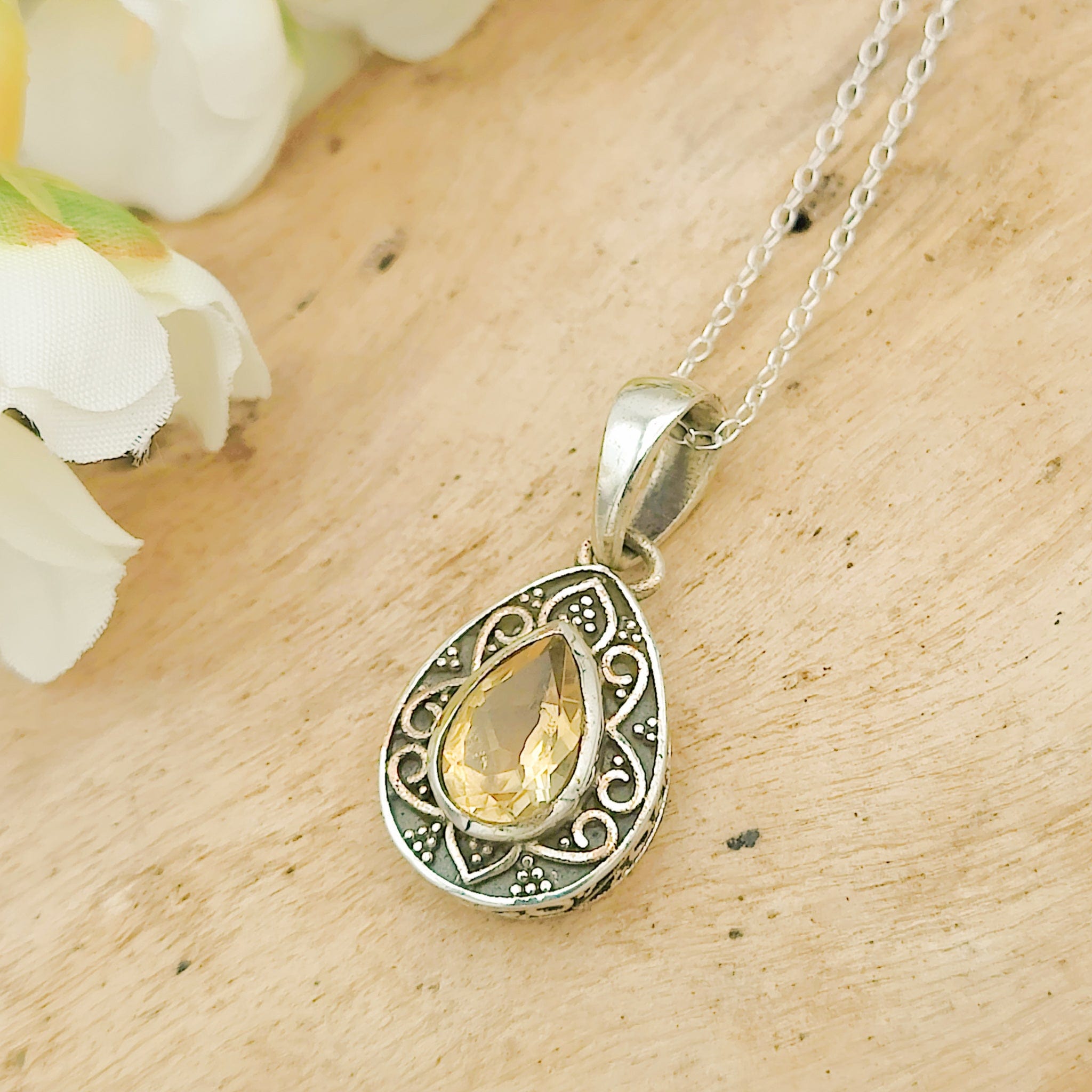 Hepburn and Hughes Citrine Pendant | Ornate Teardrop | November Birthstone | Sterling Silver