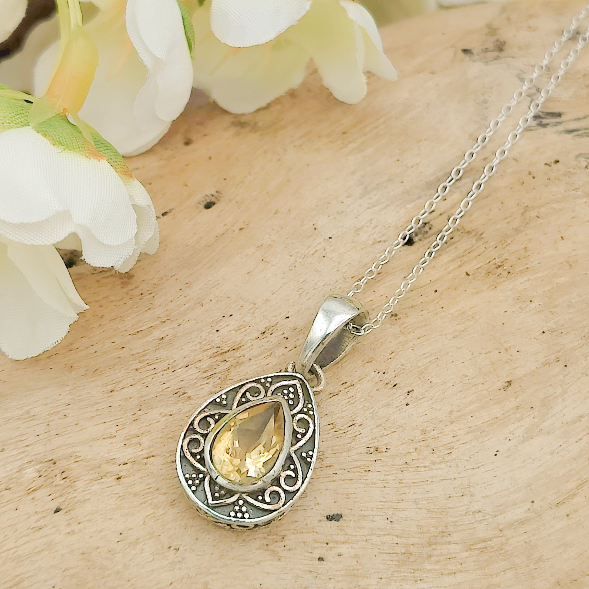 Hepburn and Hughes Citrine Pendant | Ornate Teardrop | November Birthstone | Sterling Silver