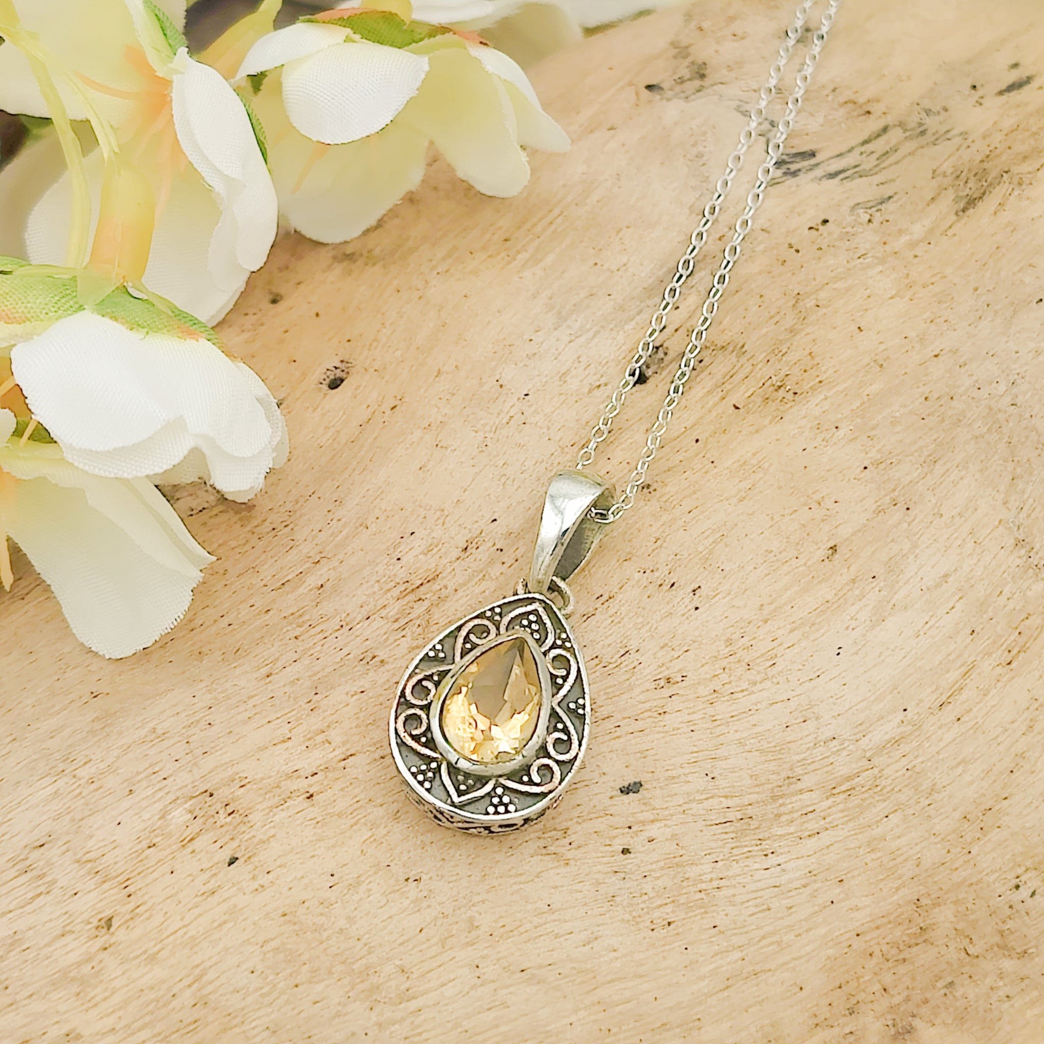 Hepburn and Hughes Citrine Pendant | Ornate Teardrop | November Birthstone | Sterling Silver