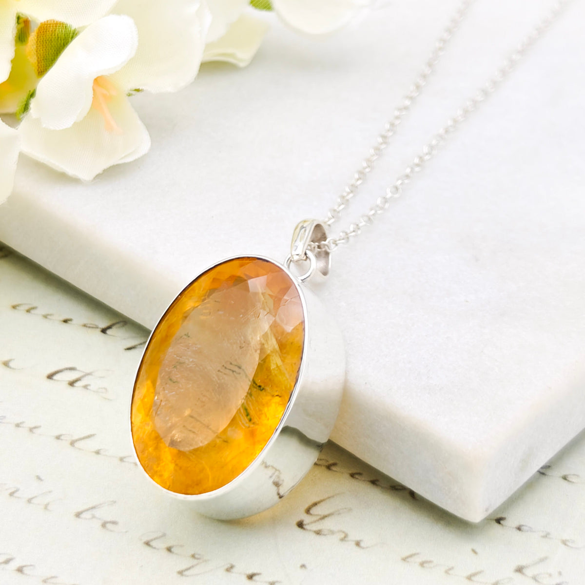 Hepburn and Hughes Citrine Sterling Silver Pendant | 30mm Faceted Oval | 13th Anniversary