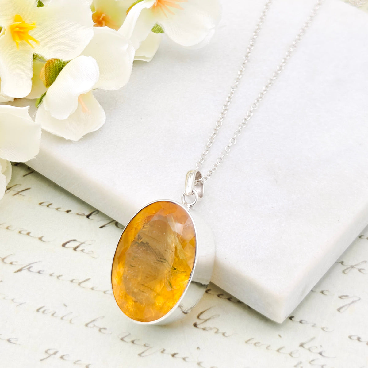 Hepburn and Hughes Citrine Sterling Silver Pendant | 30mm Faceted Oval | 13th Anniversary