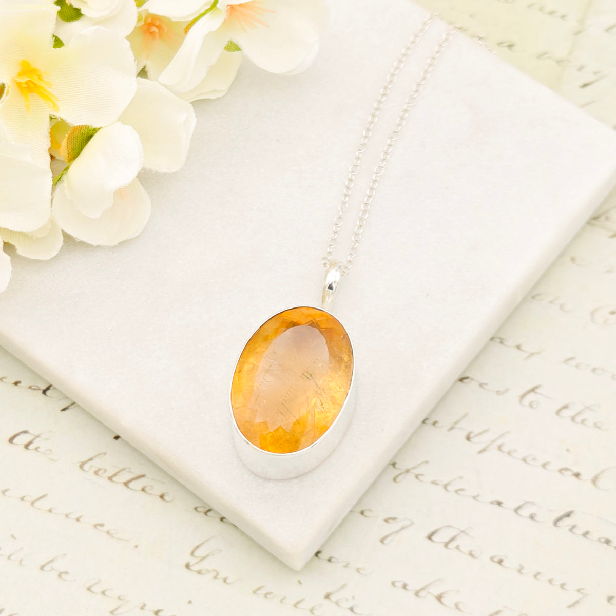 Hepburn and Hughes Citrine Sterling Silver Pendant | 30mm Faceted Oval | 13th Anniversary