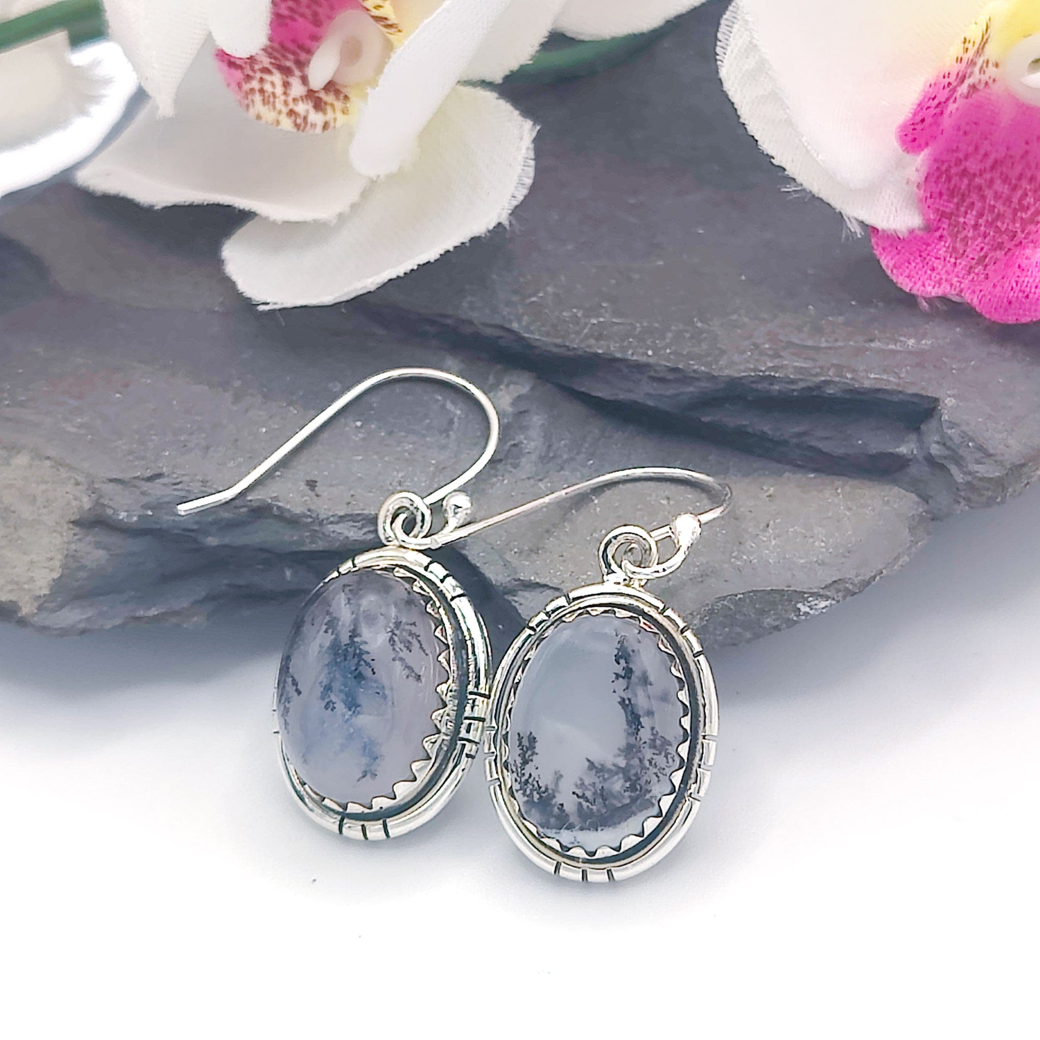 Hepburn and Hughes Dendritic Opal Earrings | 18mm Oval | October Birthstone | Sterling Silver