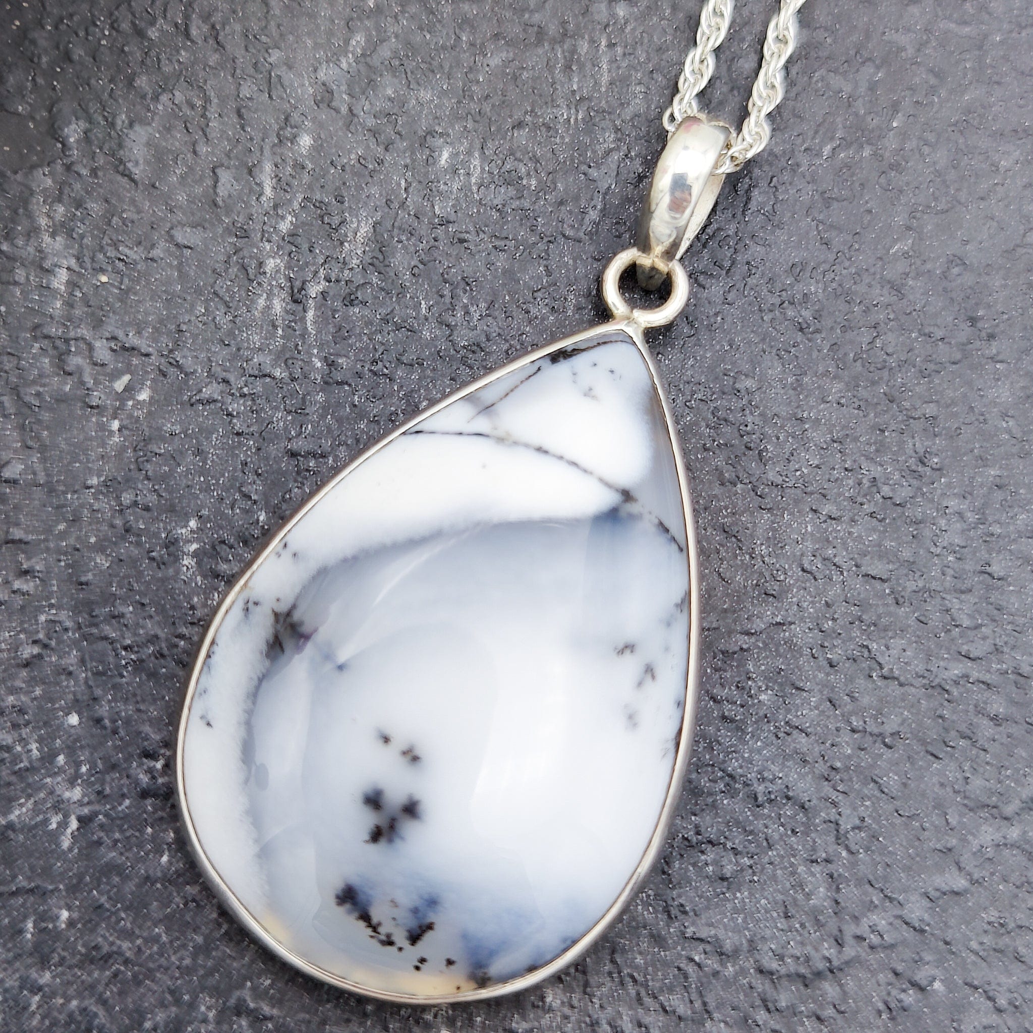 Hepburn and Hughes Dendritic Opal Pendant | 30mm Teardrop | October Birthday | Sterling Silver