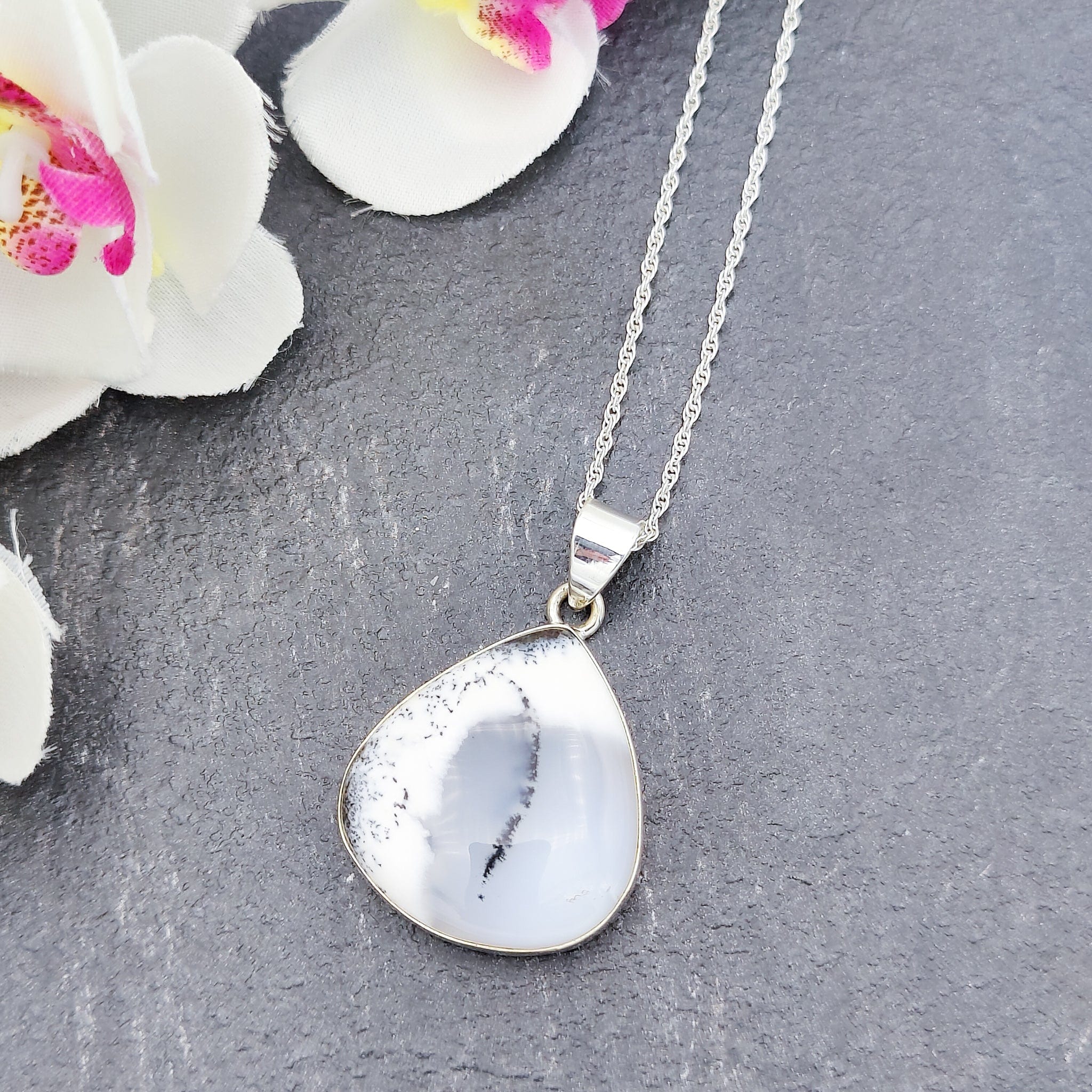 Hepburn and Hughes Dendritic Opal Pendant | 30mm Teardrop | October Birthday | Sterling Silver