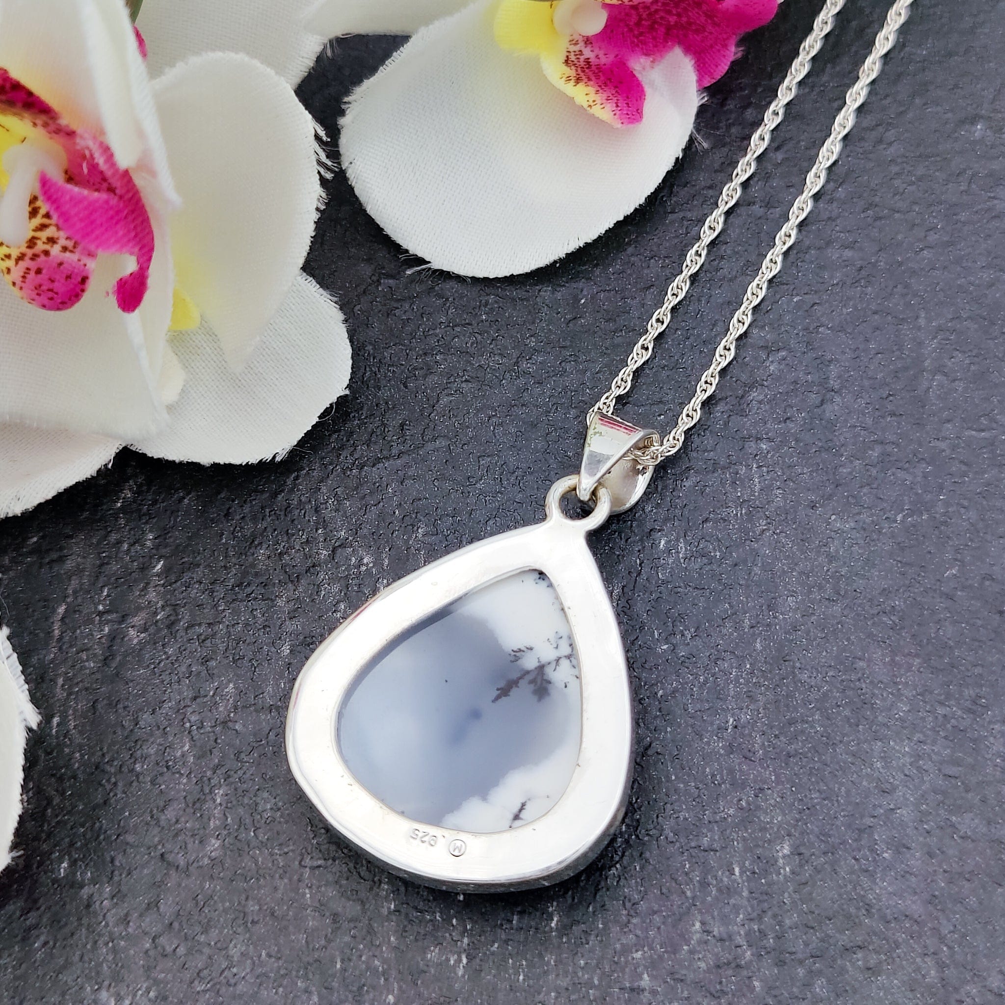 Hepburn and Hughes Dendritic Opal Pendant | 30mm Teardrop | October Birthday | Sterling Silver