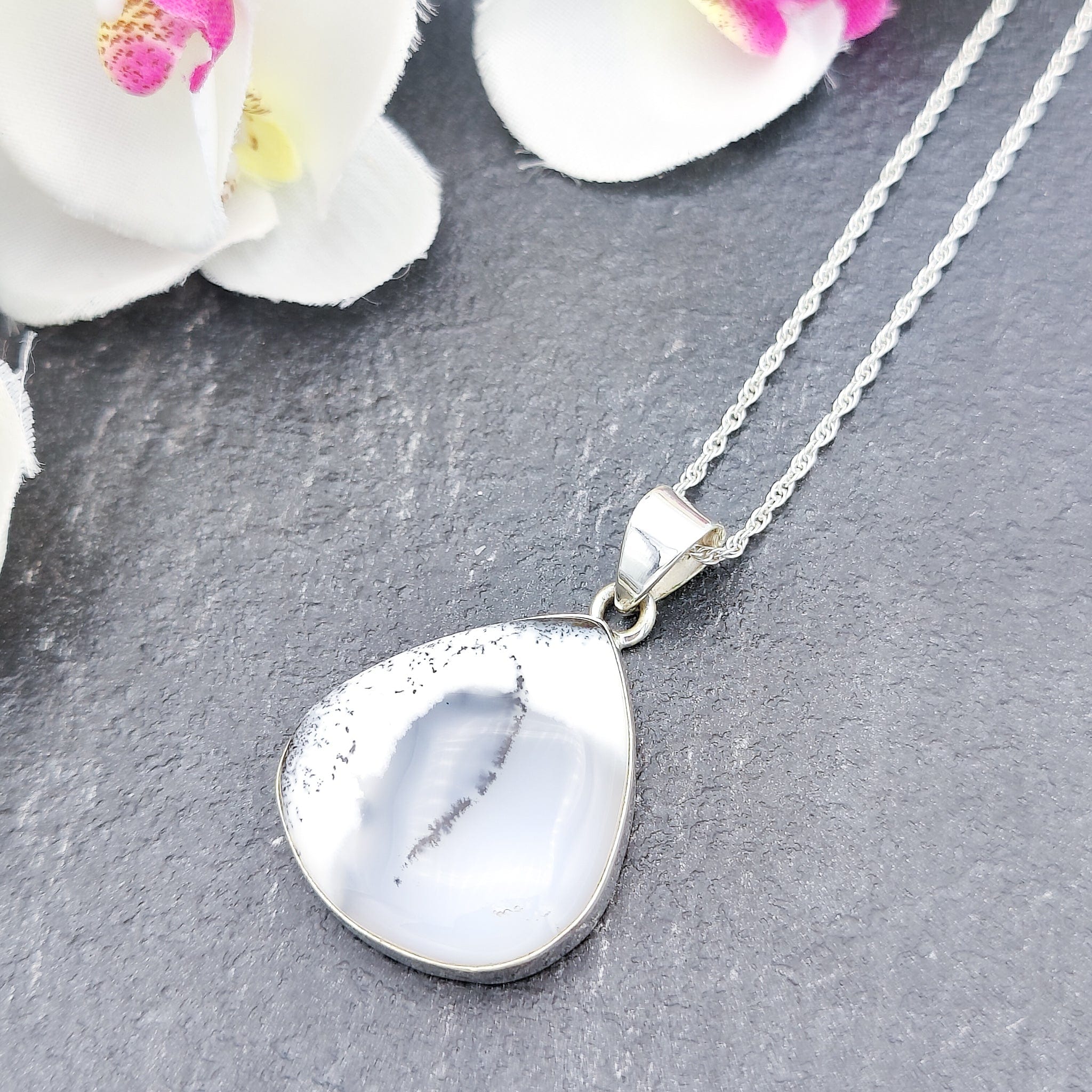 Hepburn and Hughes Dendritic Opal Pendant | 30mm Teardrop | October Birthday | Sterling Silver