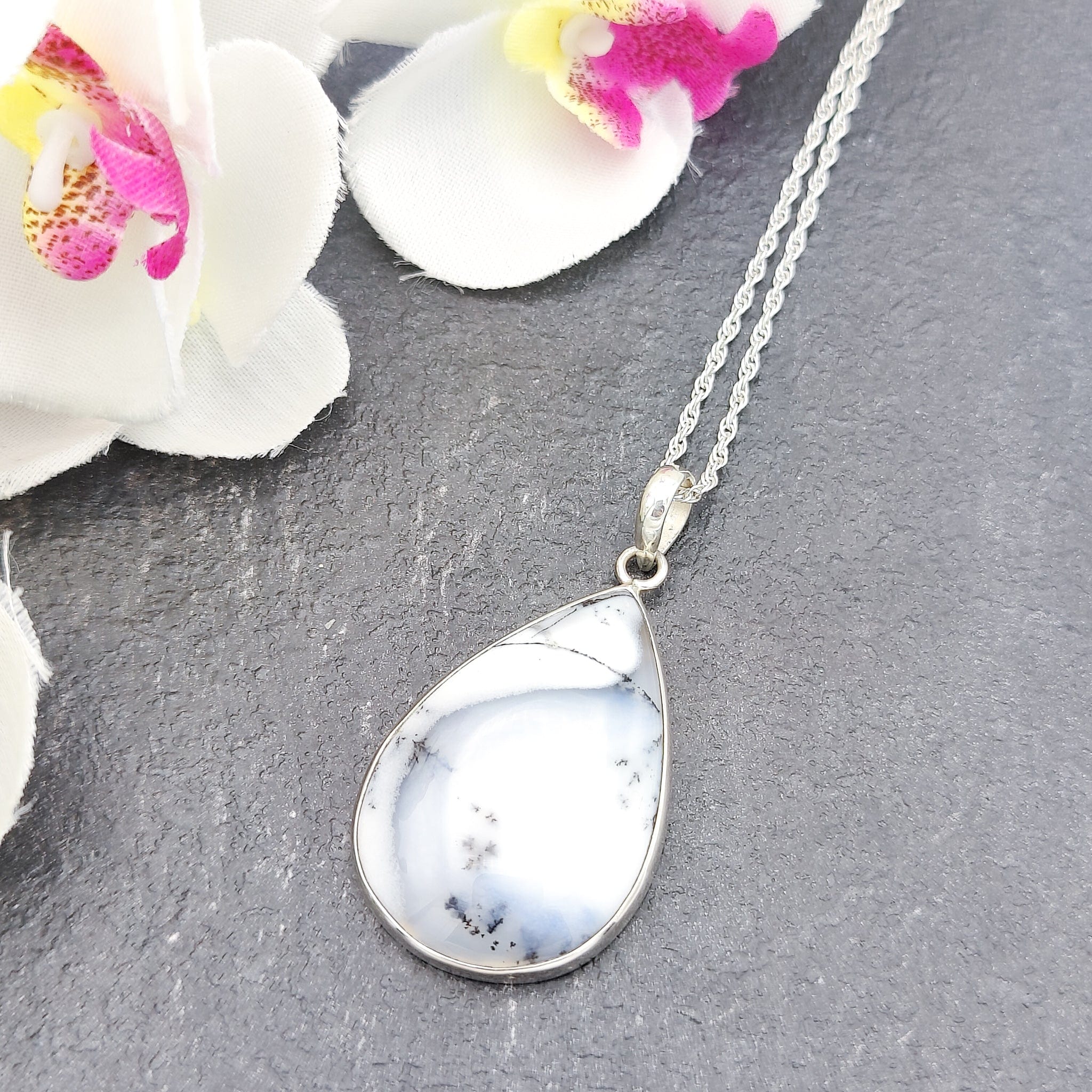 Hepburn and Hughes Dendritic Opal Pendant | 30mm Teardrop | October Birthday | Sterling Silver