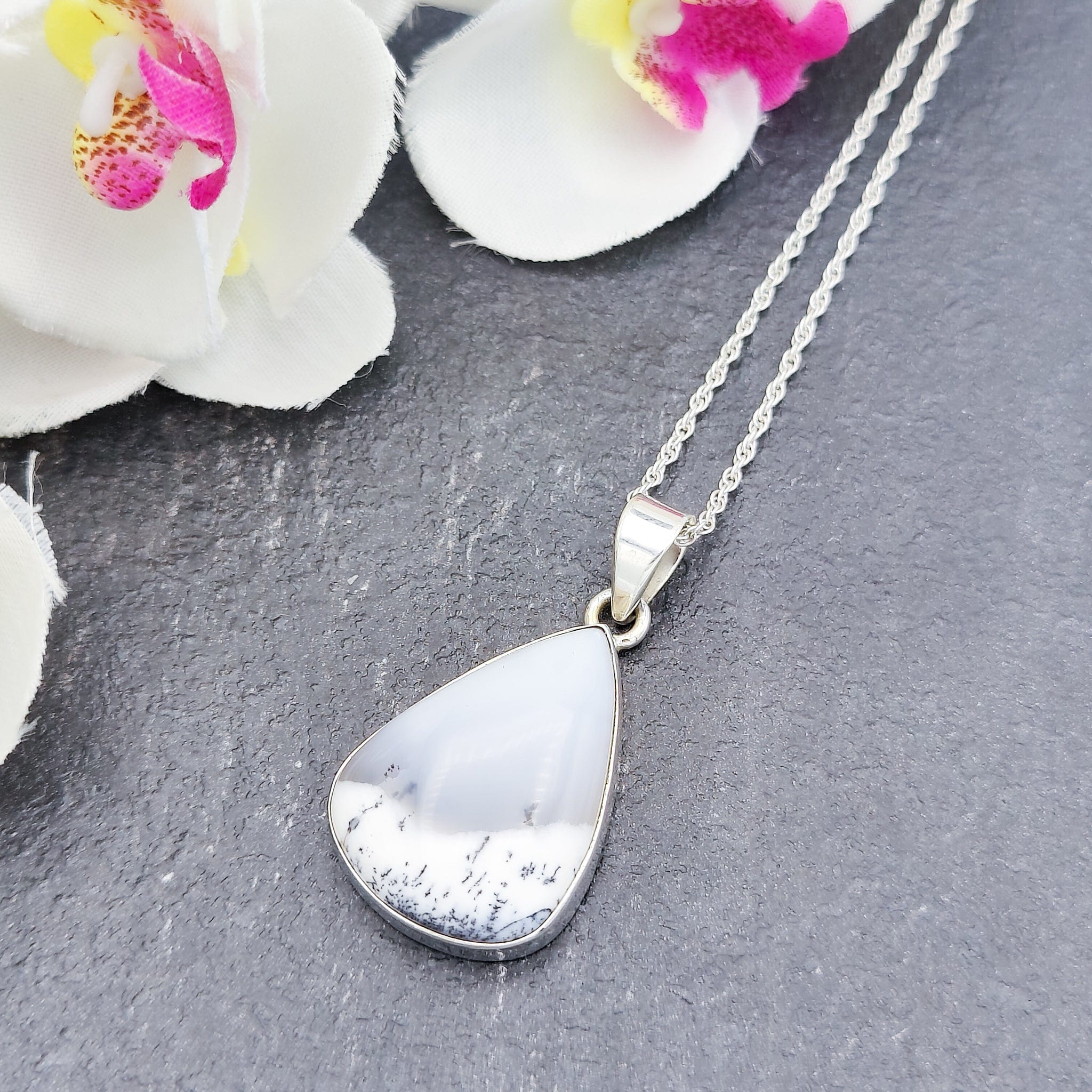 Hepburn and Hughes Dendritic Opal Pendant | 30mm Teardrop | October Birthday | Sterling Silver