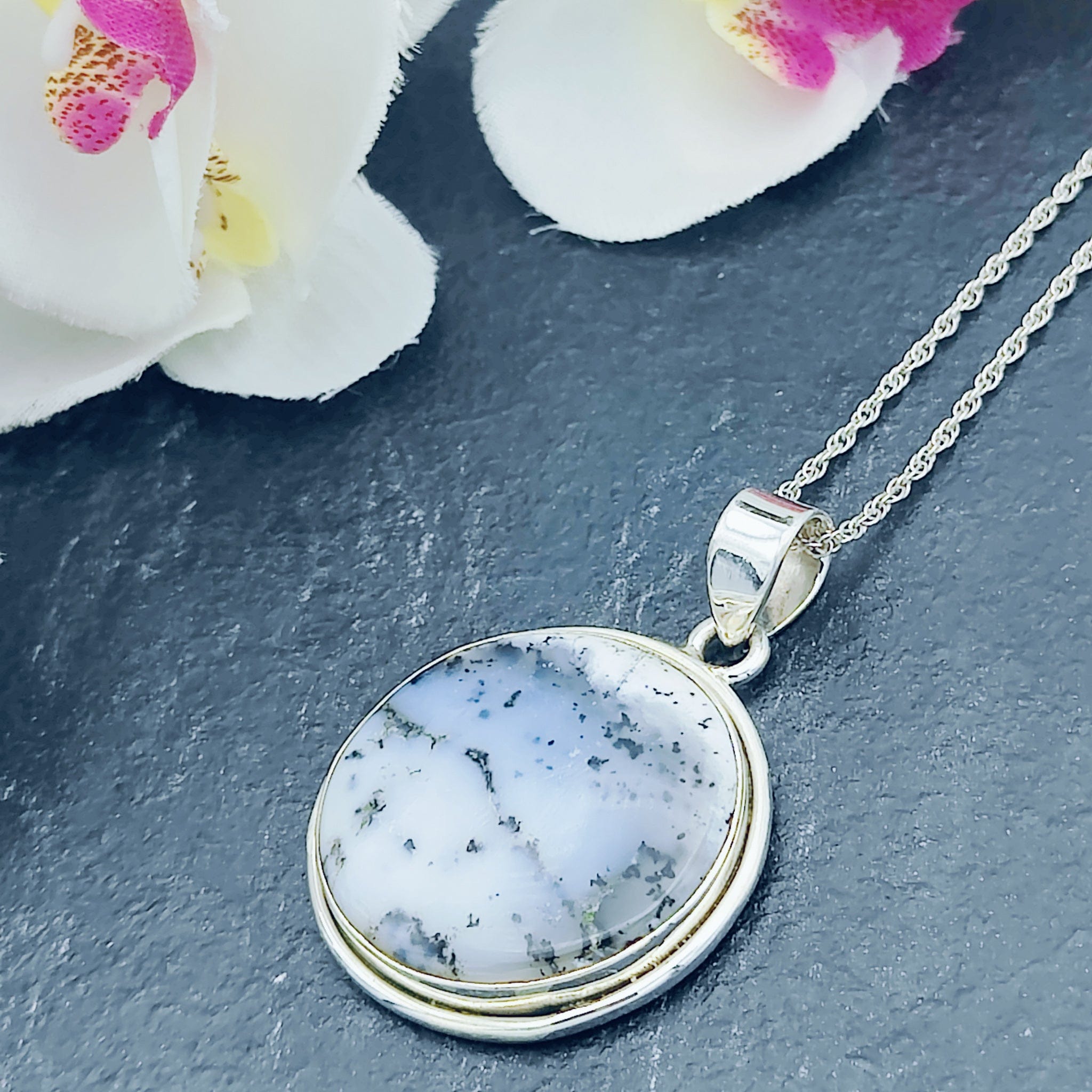 Hepburn and Hughes Dendritic Opal Pendant | 33mm Circle | October Birthstone | Sterling Silver