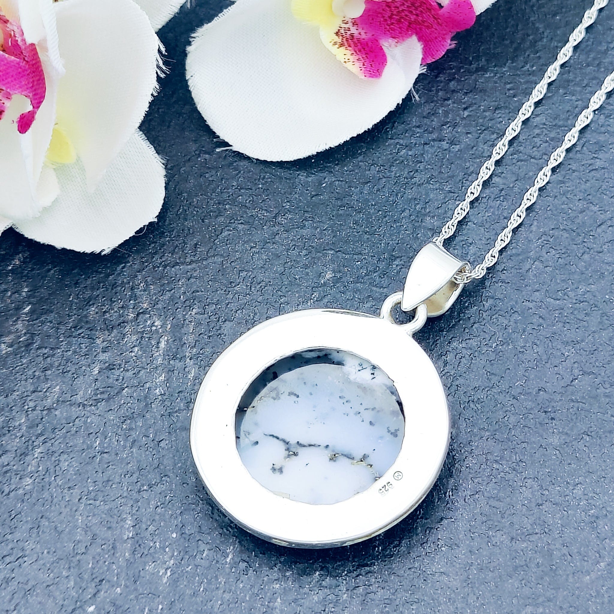 Hepburn and Hughes Dendritic Opal Pendant | 33mm Circle | October Birthstone | Sterling Silver