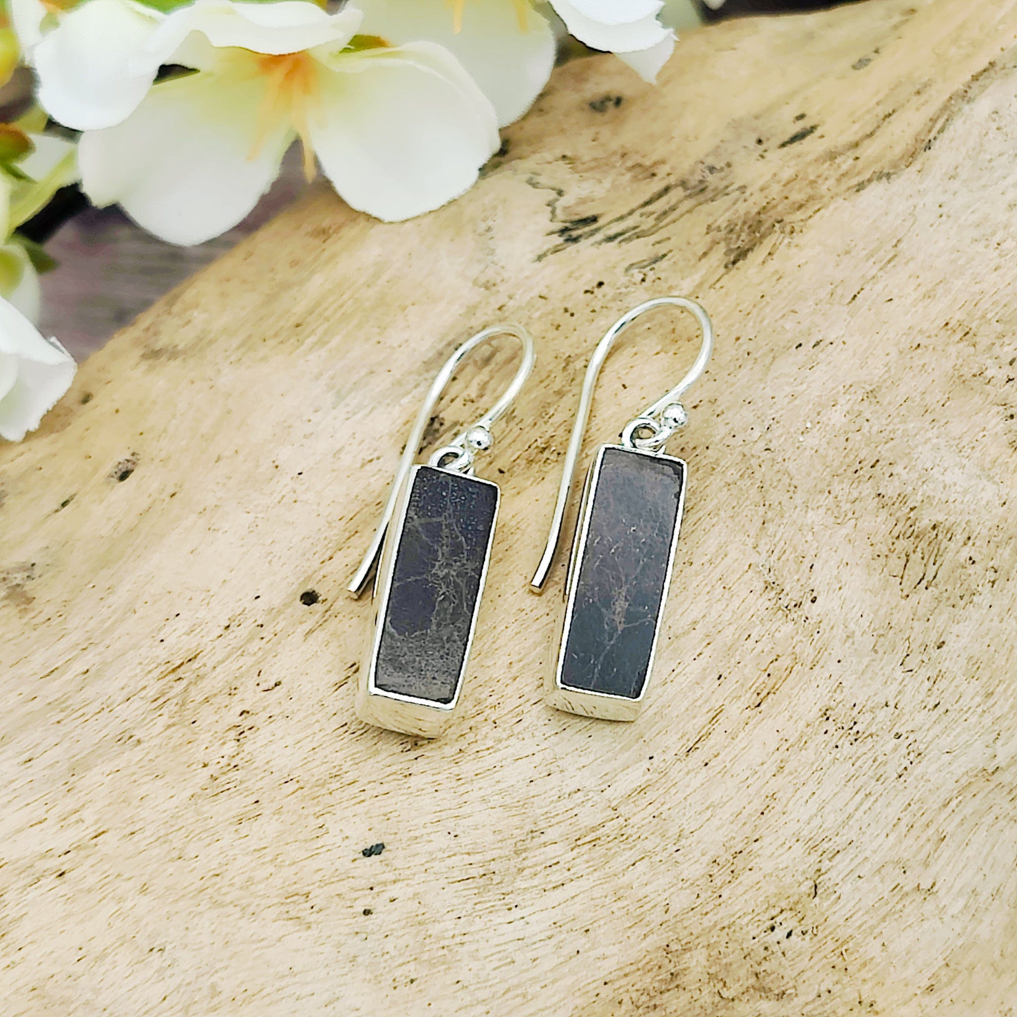 Hepburn and Hughes Dinosaur Bone Earrings | Fossilised Iguanodon | 20mm rectangle | Sterling Silver