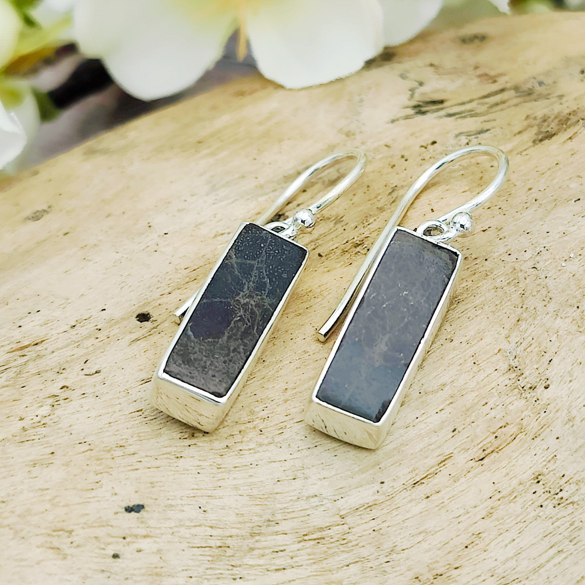 Hepburn and Hughes Dinosaur Bone Earrings | Fossilised Iguanodon | 20mm rectangle | Sterling Silver