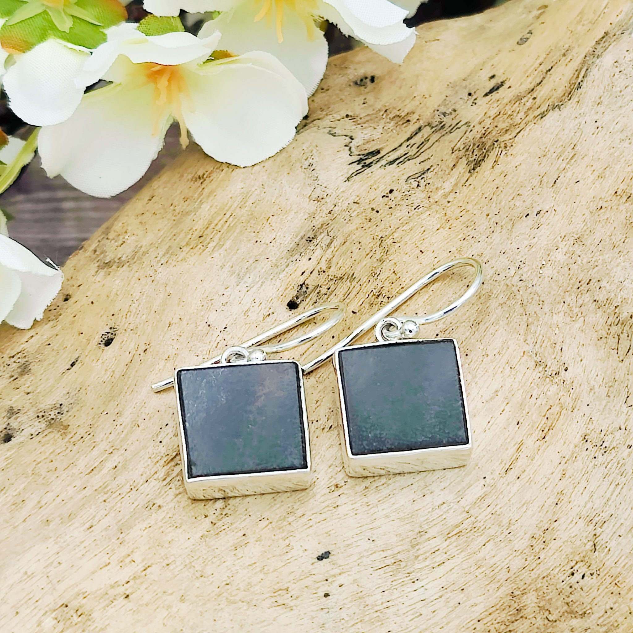 Hepburn and Hughes Dinosaur Bone Earrings | Fossilised Iguanodon Bone | Square | Sterling Silver