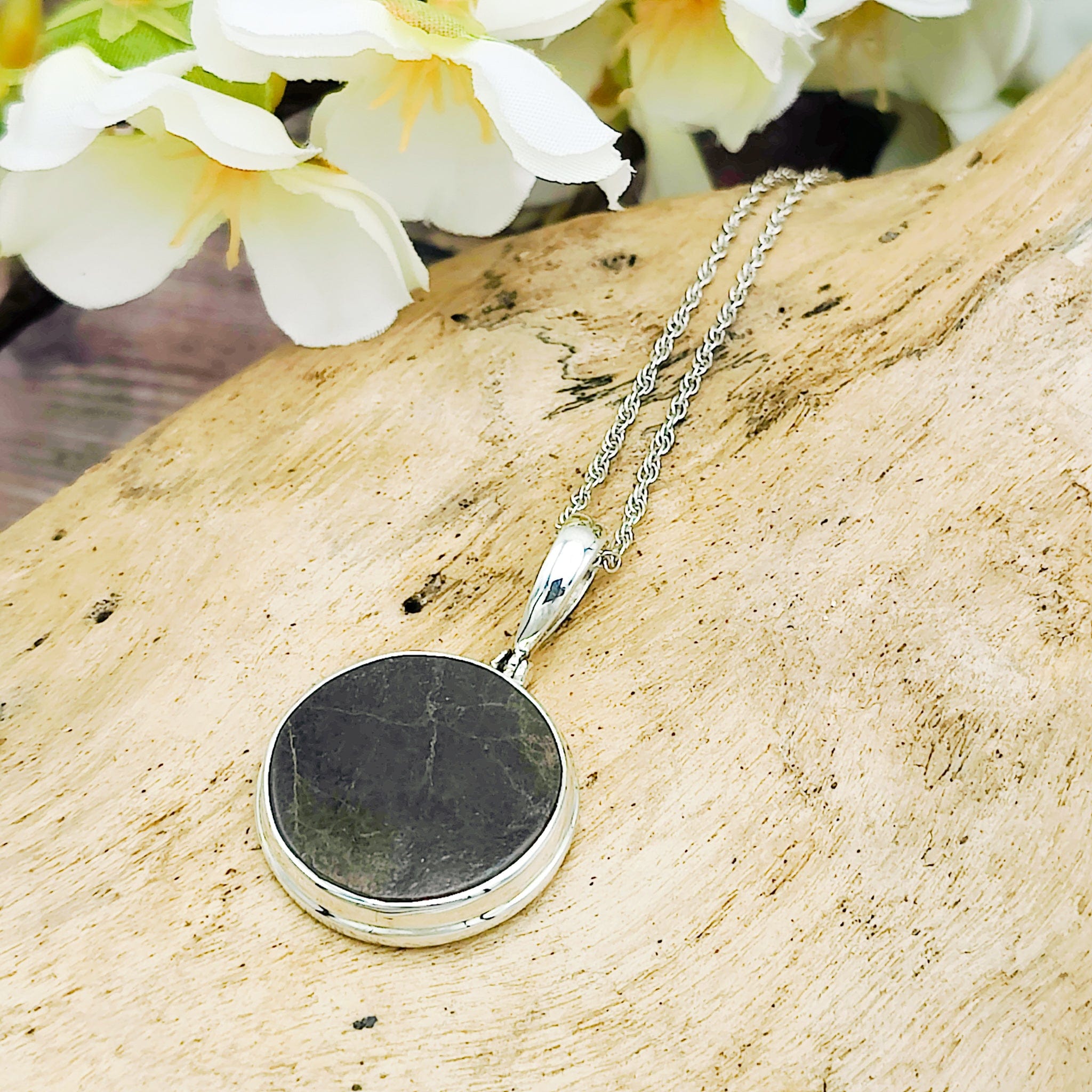 Hepburn and Hughes Dinosaur Bone Pendant | Fossilised Iguanodon | 26mm Round | Sterling Silver