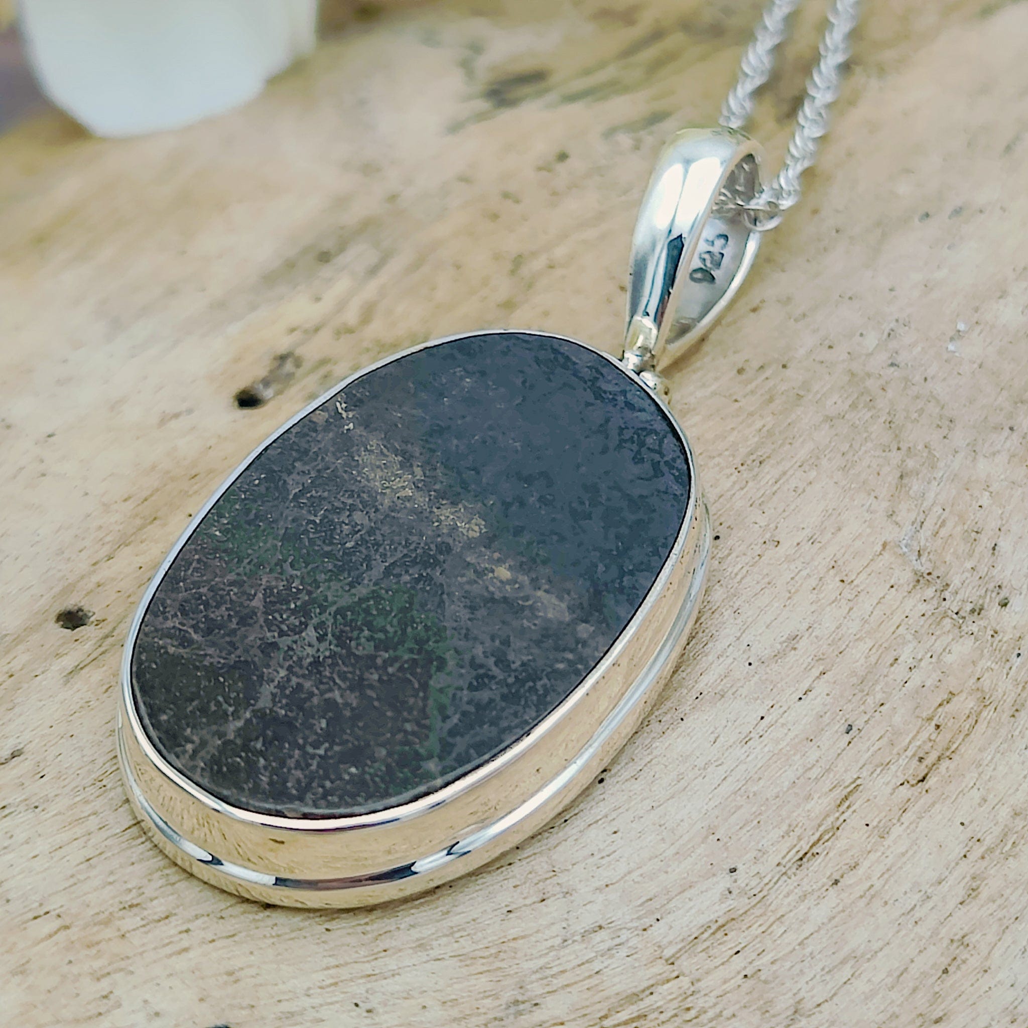 Hepburn and Hughes Dinosaur Bone Pendant | Fossilised Iguanodon | Double Bezel Oval | Sterling Silver