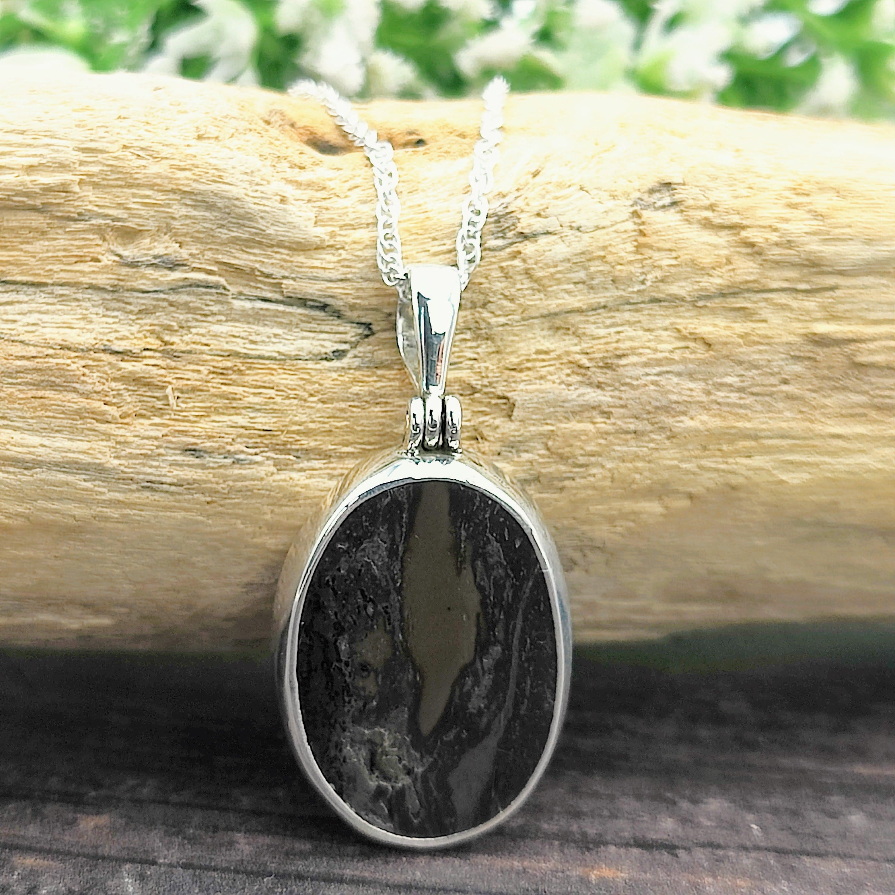 Hepburn and Hughes Dinosaur Bone Pendant | Fossilised Iguanodon | Medium Oval | Sterling Silver