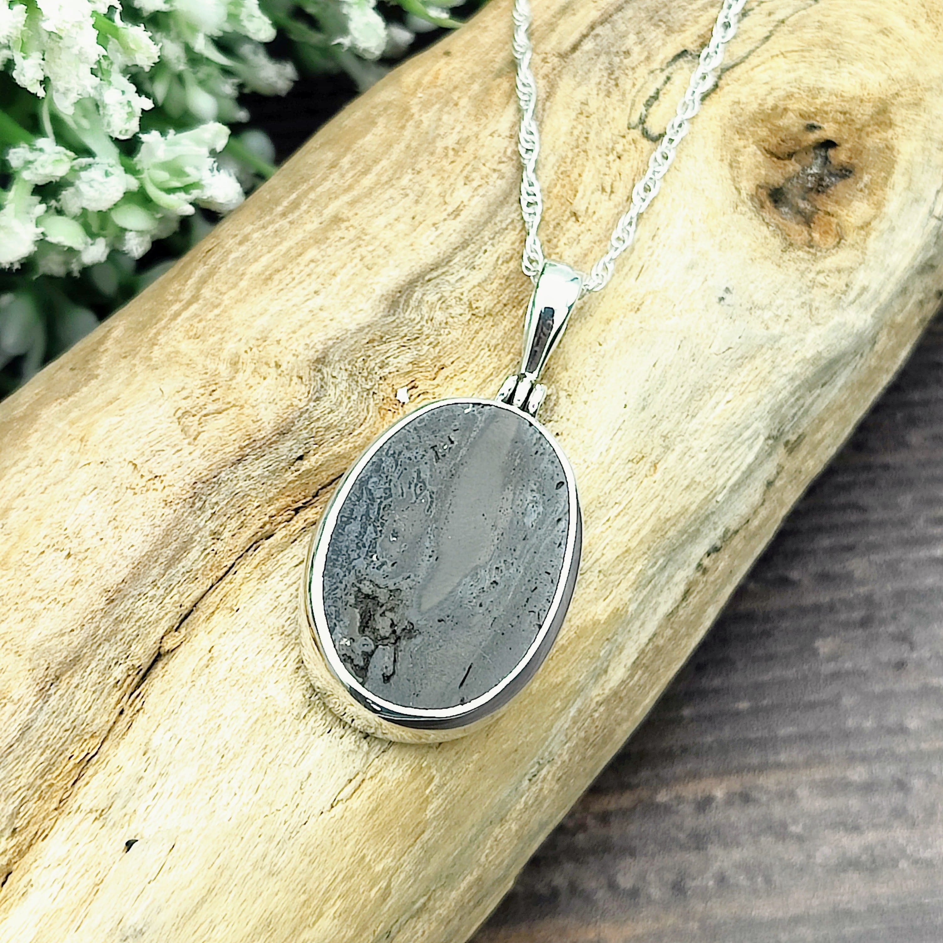 Hepburn and Hughes Dinosaur Bone Pendant | Fossilised Iguanodon | Medium Oval | Sterling Silver