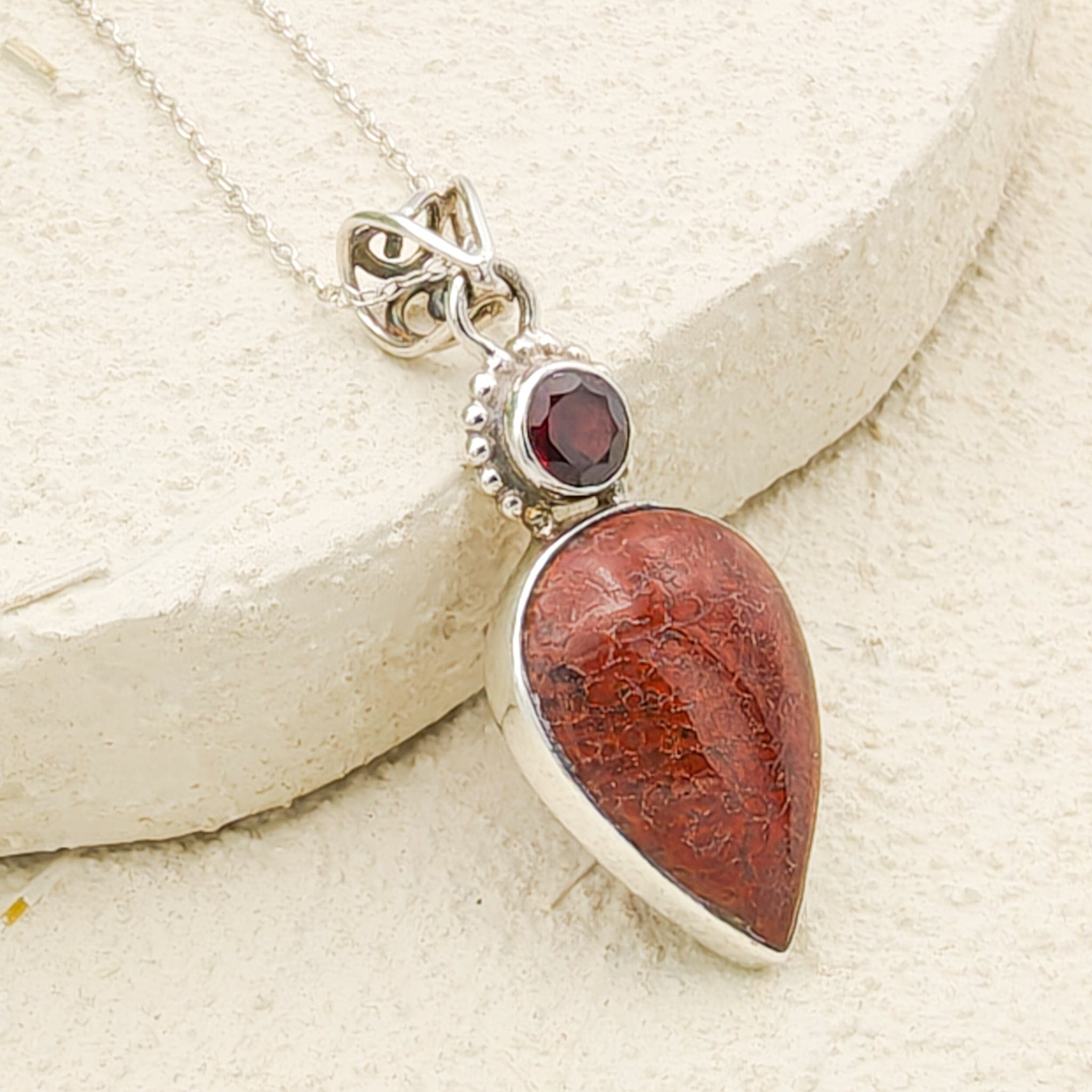 Hepburn and Hughes Dinosaur Fossil Pendant | Brontosaurus and Garnet | Jurassic Gift | Sterling Silver