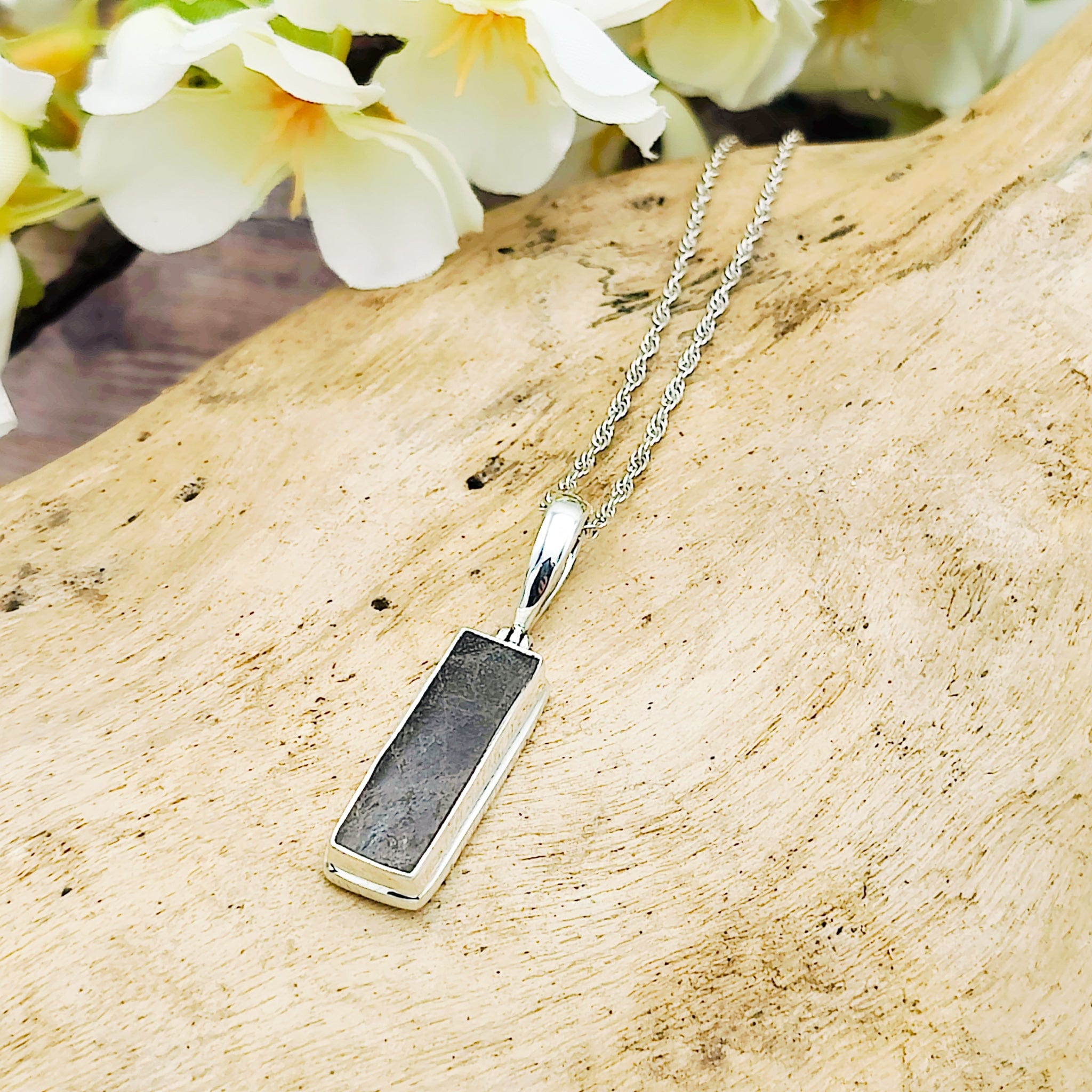 Hepburn and Hughes Dinosaur Fossil Pendant | Fossilised Iguanodon Jewellery| Rectangular | Sterling Silver