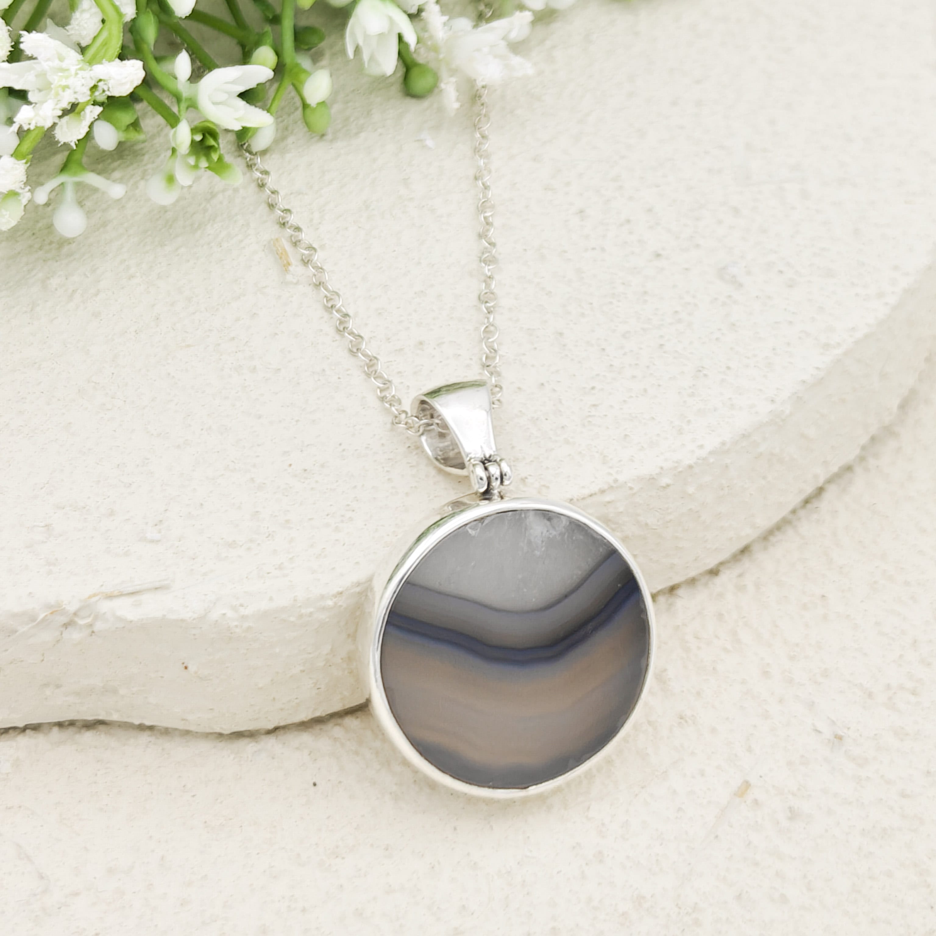Hepburn and Hughes Earth Tones Agate Pendant in Sterling Silver | May birthstone and Gemini Gift