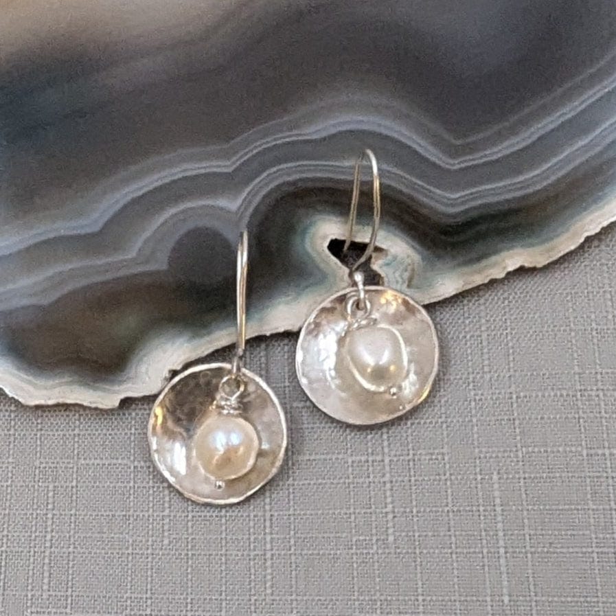 Dezanne Design Eco Silver Dome Earrings with Pearl | 18 mm Circle | Dangle and Drop Earrings | Recycled Sterling Silver