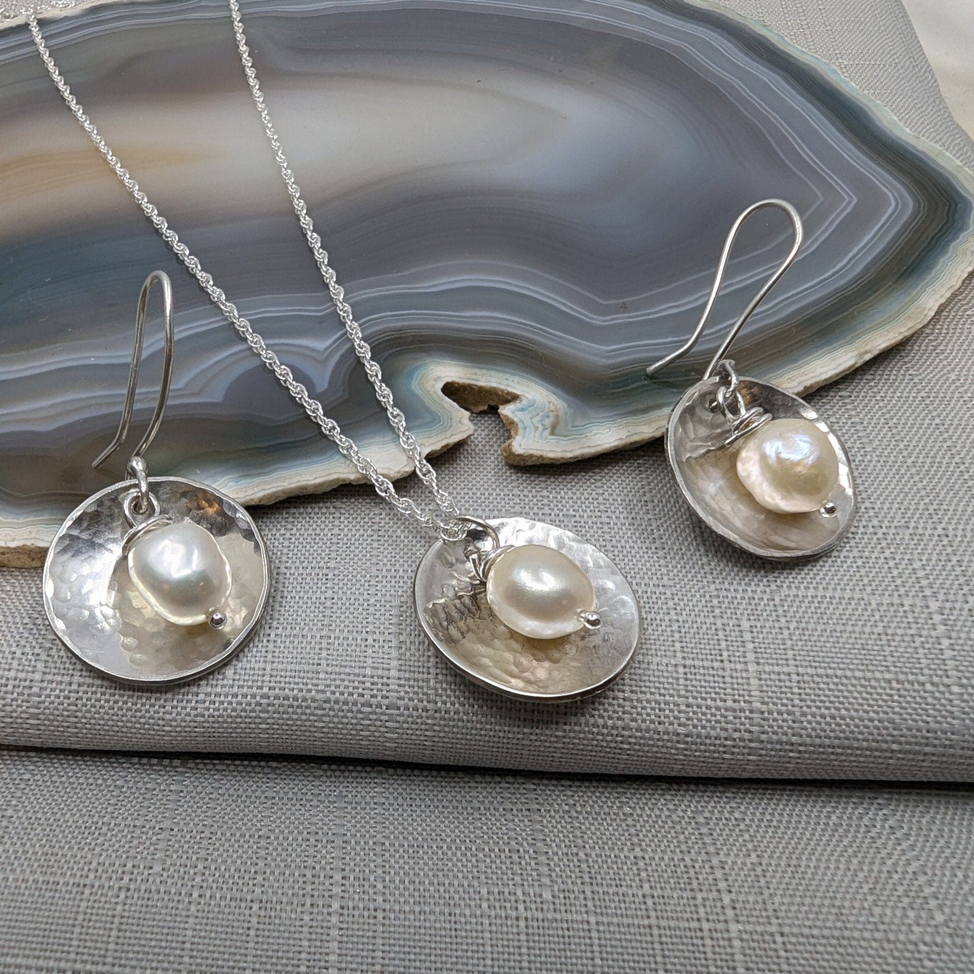 Dezanne Design Eco Silver Dome Earrings with Pearl | 18 mm Circle | Dangle and Drop Earrings | Recycled Sterling Silver