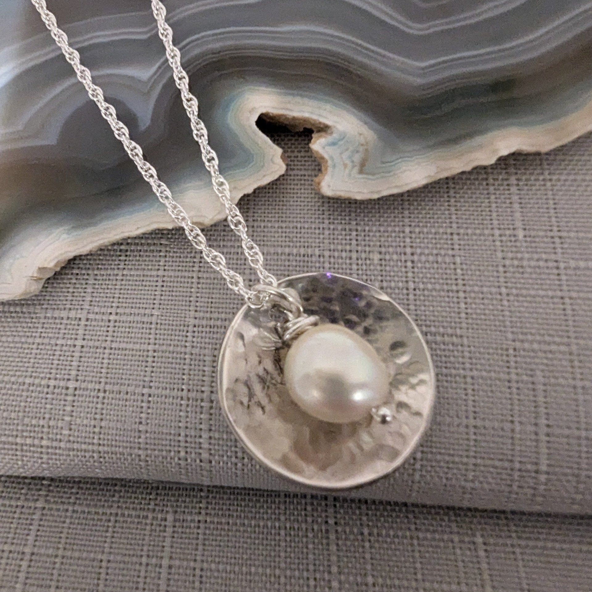 Dezanne Design Eco Silver Dome Textured Pendant with Pearl | 18 mm Circle | Recycled Sterling Silver