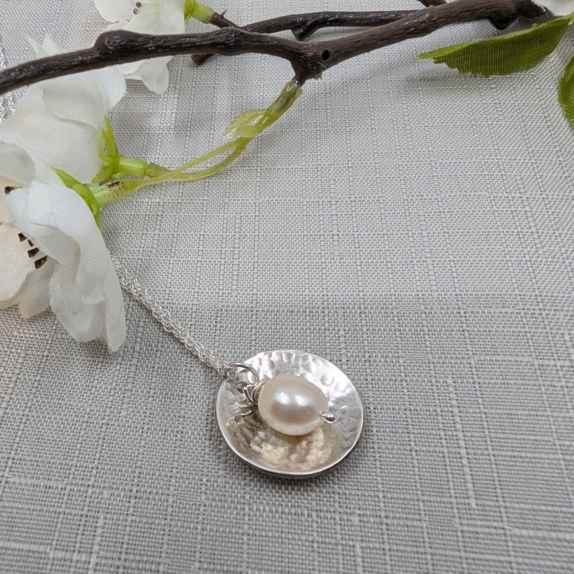 Dezanne Design Eco Silver Dome Textured Pendant with Pearl | 18 mm Circle | Recycled Sterling Silver