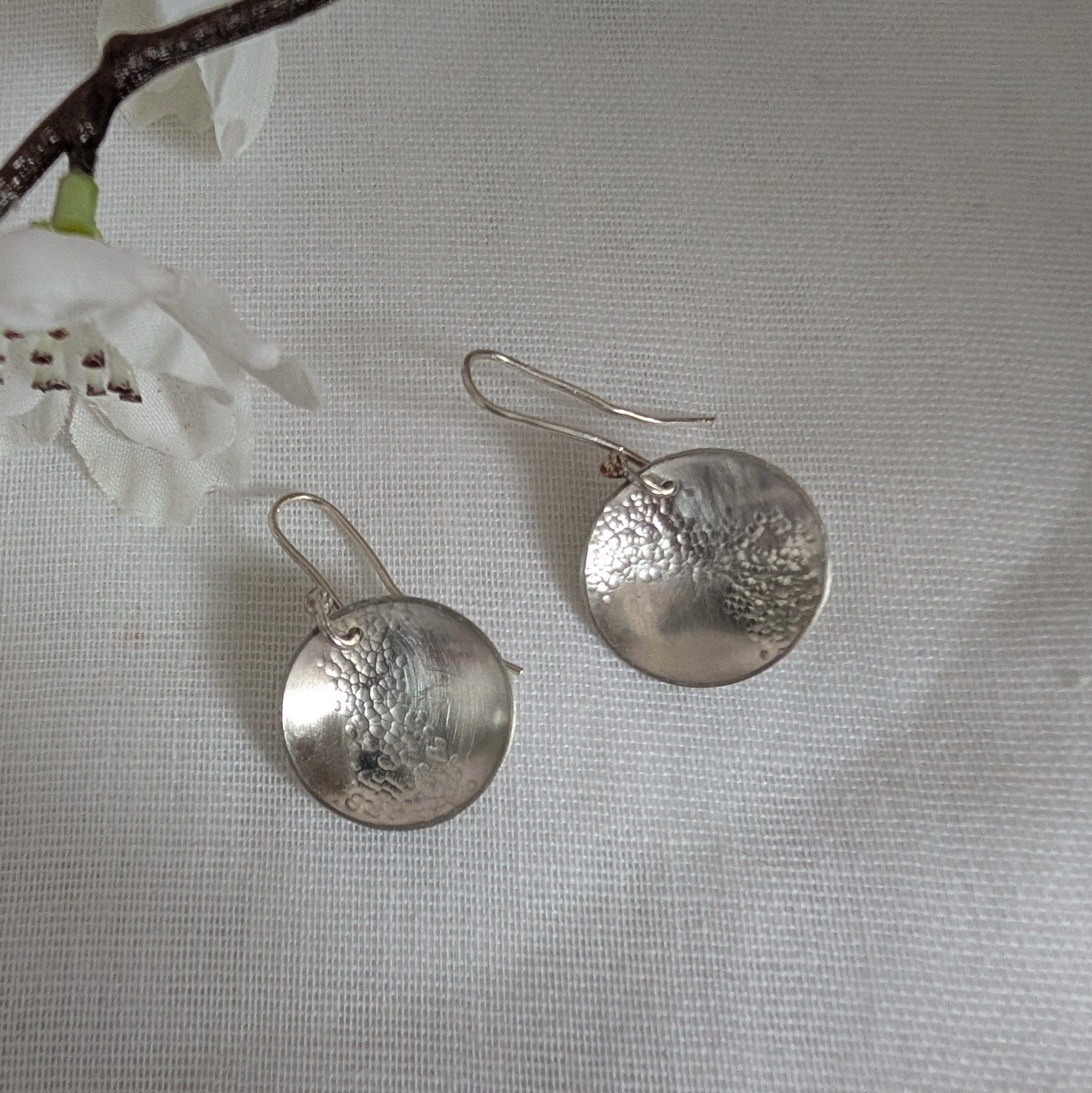 Dezanne Design Eco Silver Hammered Dome Earrings | 18 mm Circle | Dangle and Drop Earrings | Recycled Sterling Silver